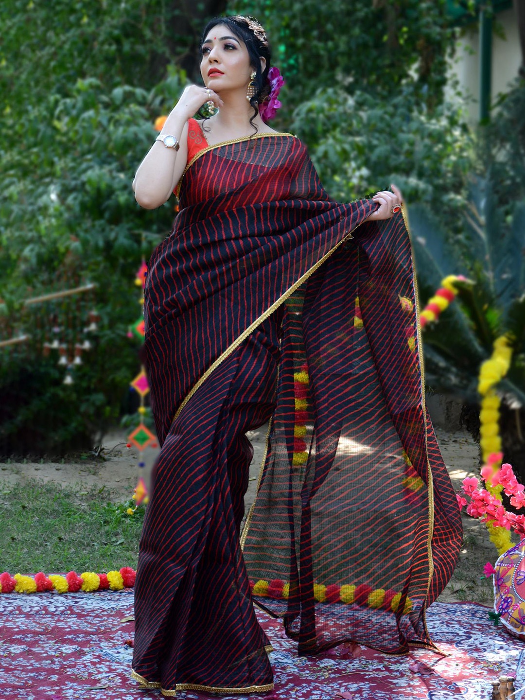 

Jaipur Folk Printed Gotta Patti Leheriya Saree, Black