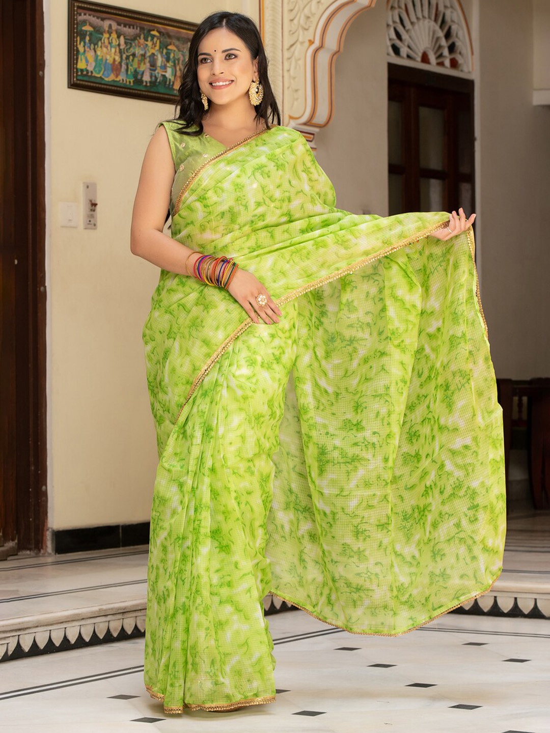 

Jaipur Folk Tie and Dye Beads and Stones Kota Saree, Green