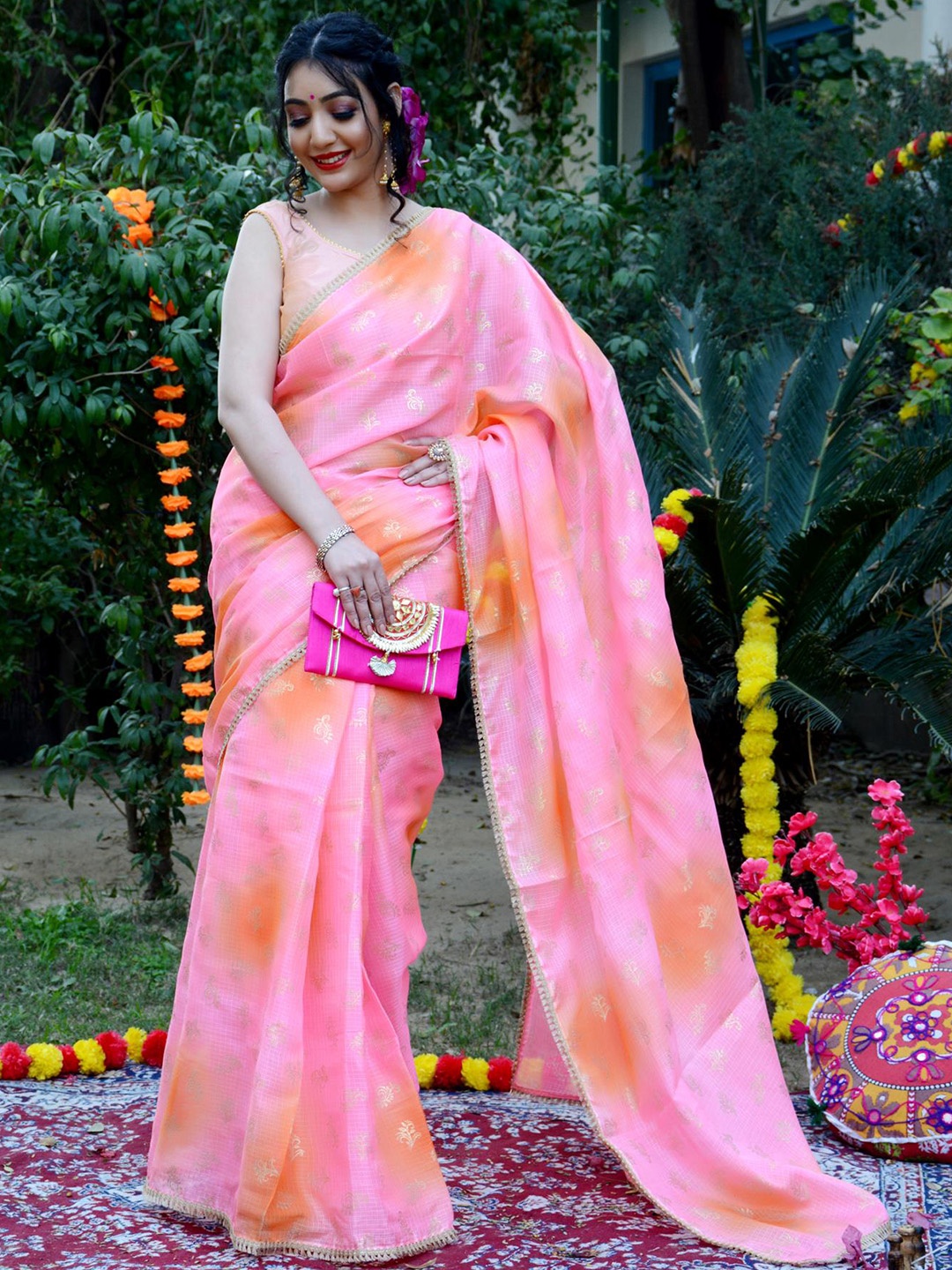 

Jaipur Folk Ombre Embellished Gotta Patti Kota Saree, Pink