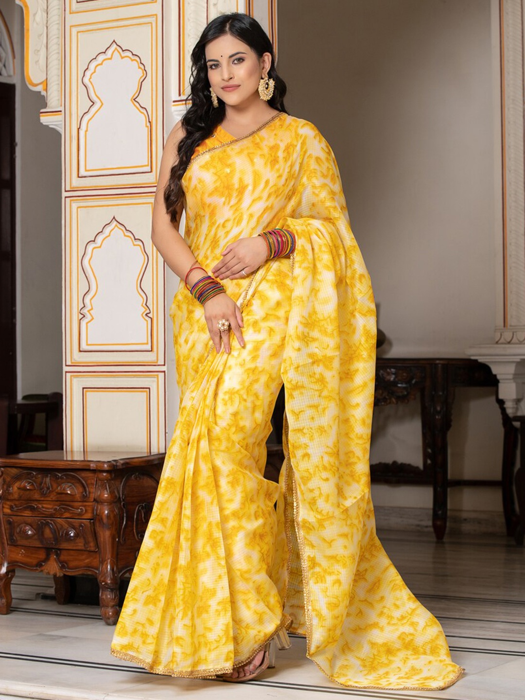 

Jaipur Folk Tie and Dye Printed Beads and Stones Kota Saree, Yellow