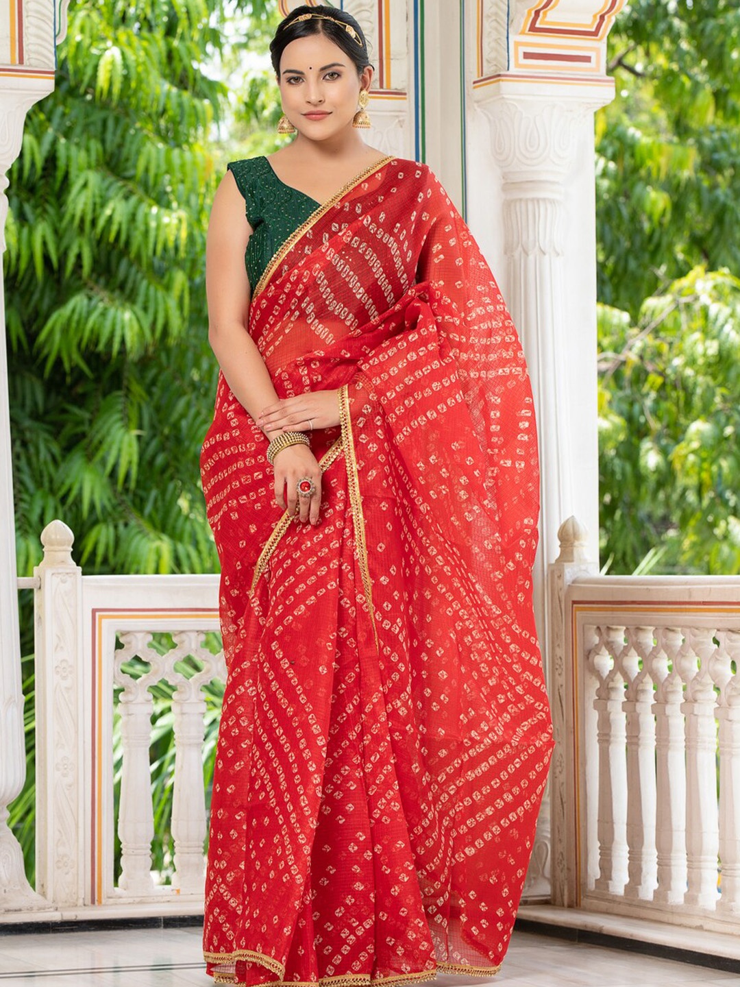 

Jaipur Folk Bandhani Beads and Stones Kota Saree, Red