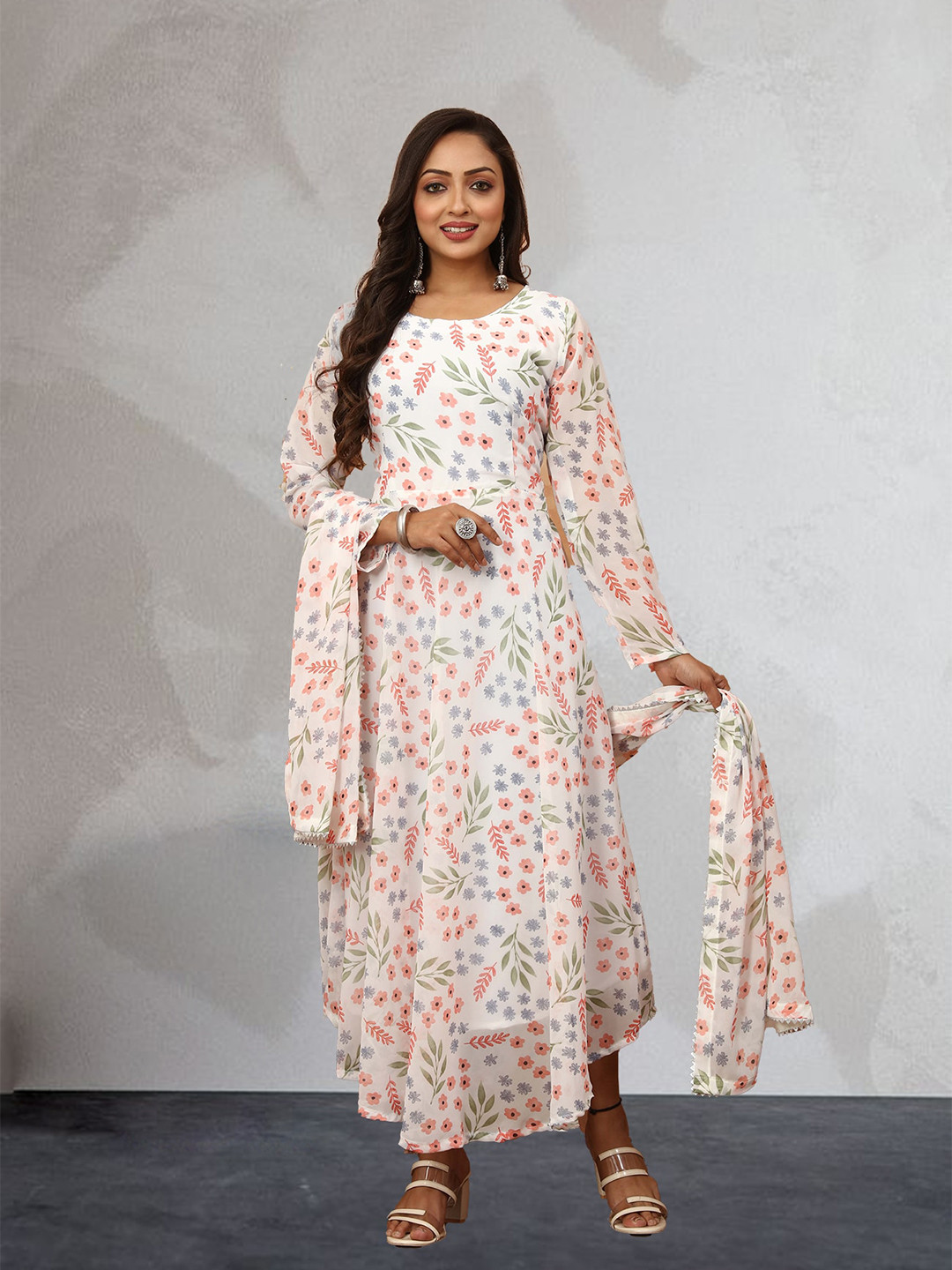 

N N ENTERPRISE Floral Printed Georgette Anarkali Kurta With Dupatta, White