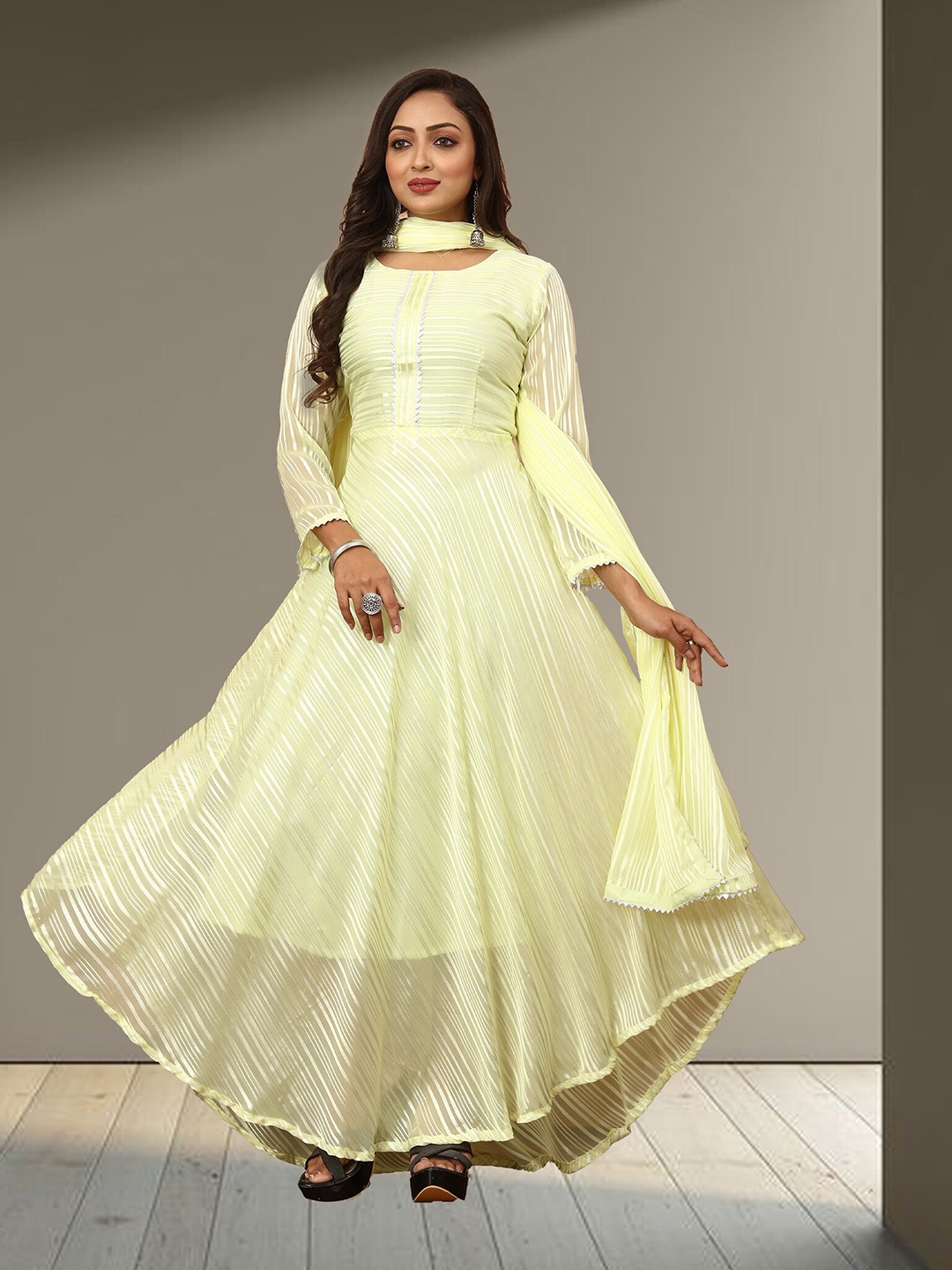 

N N ENTERPRISE Checked Georgette Anarkali Kurta with Dupatta, Yellow