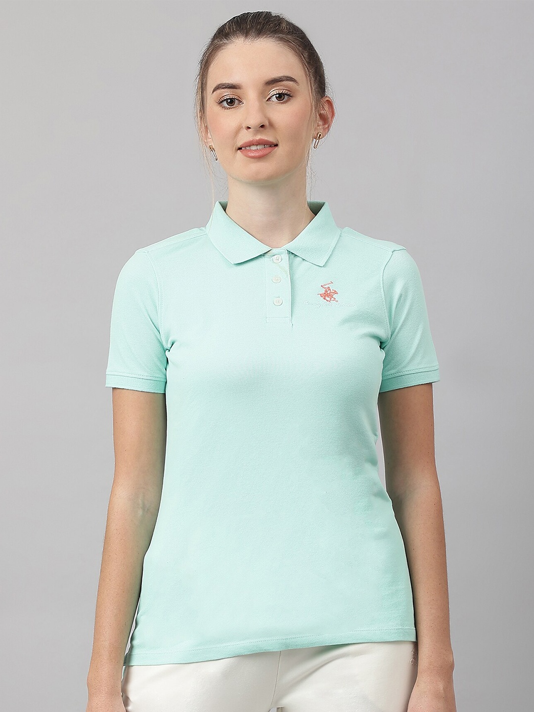 

Beverly Hills Polo Club Women Polo Collar Pure Cotton Applique Casual T-shirt, Blue