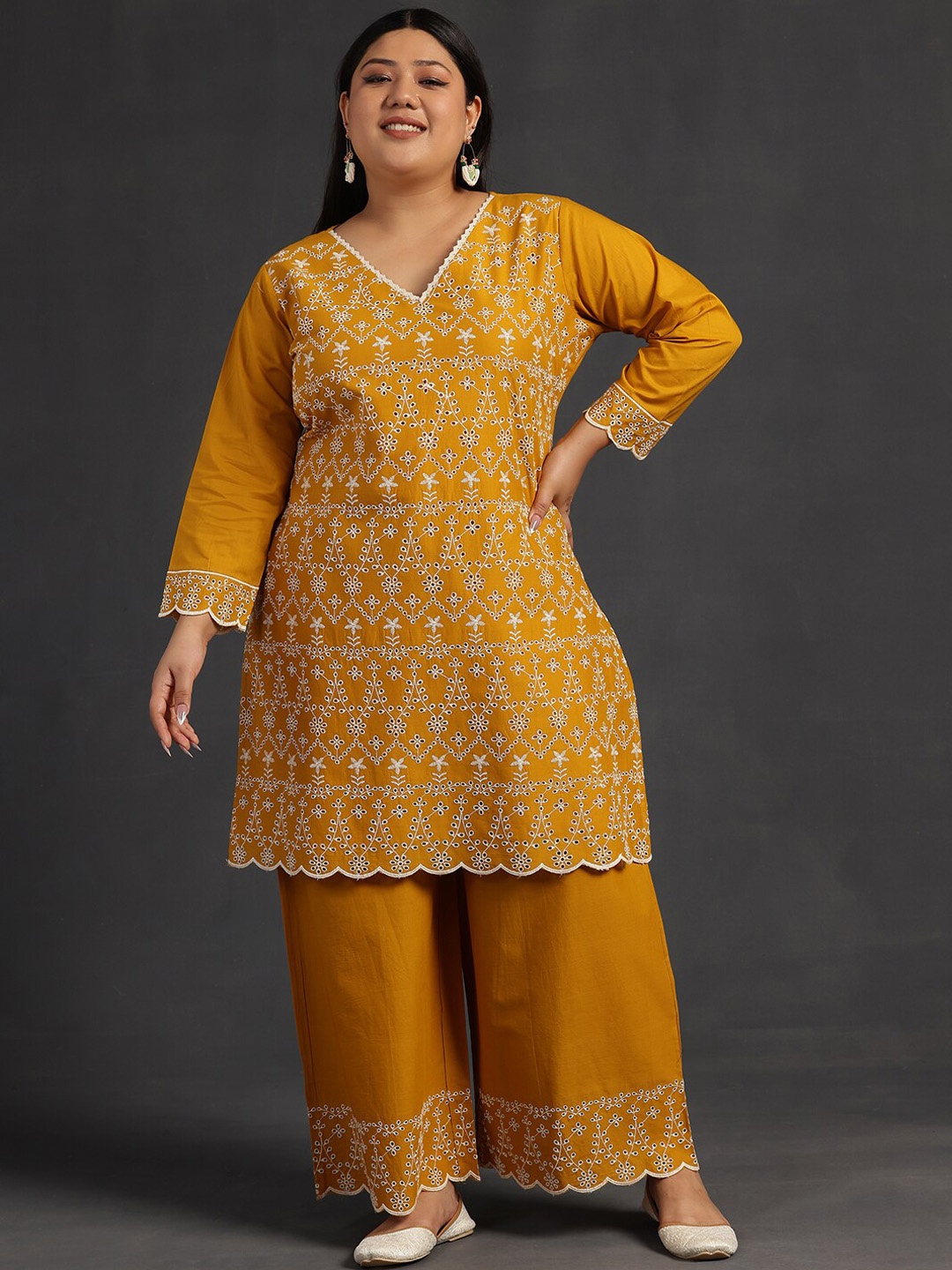 

EXTRA LOVE BY LIBAS Plus Size Floral Embroidered Pure Cotton Straight Kurta With Palazzo, Mustard