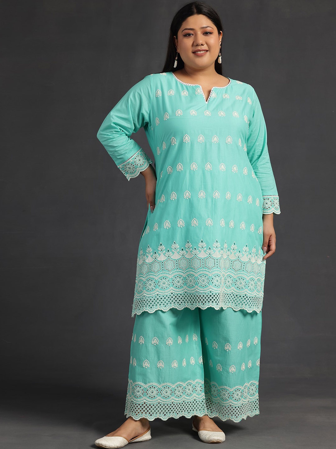 

EXTRA LOVE BY LIBAS Plus Size Floral Embroidered Pure Cotton Straight Kurta With Palazzo, Sea green