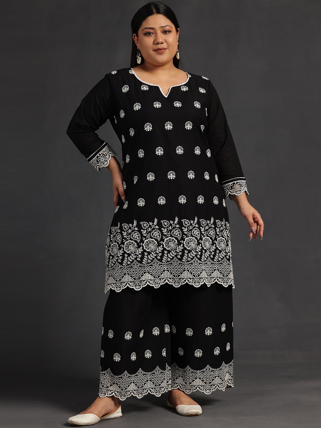 

EXTRA LOVE BY LIBAS Plus Size Floral Embroidered Pure Cotton Straight Kurta With Palazzo, Black