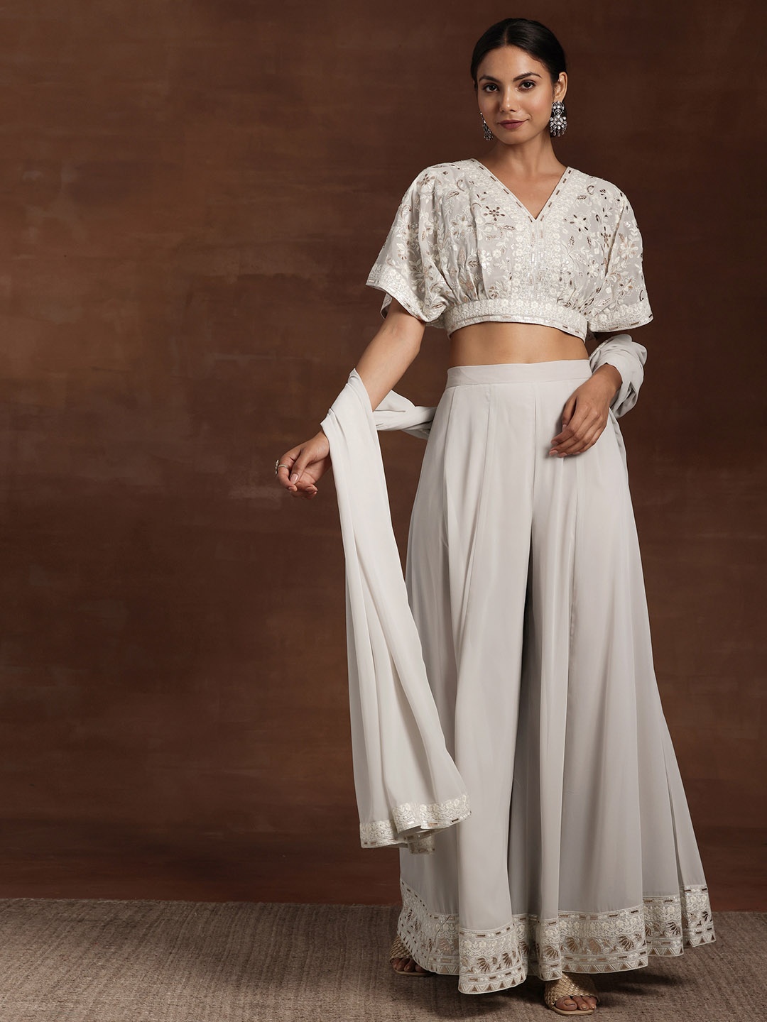 

Libas Embroidered Top, Dupatta & Palazzos Co-Ords, Grey
