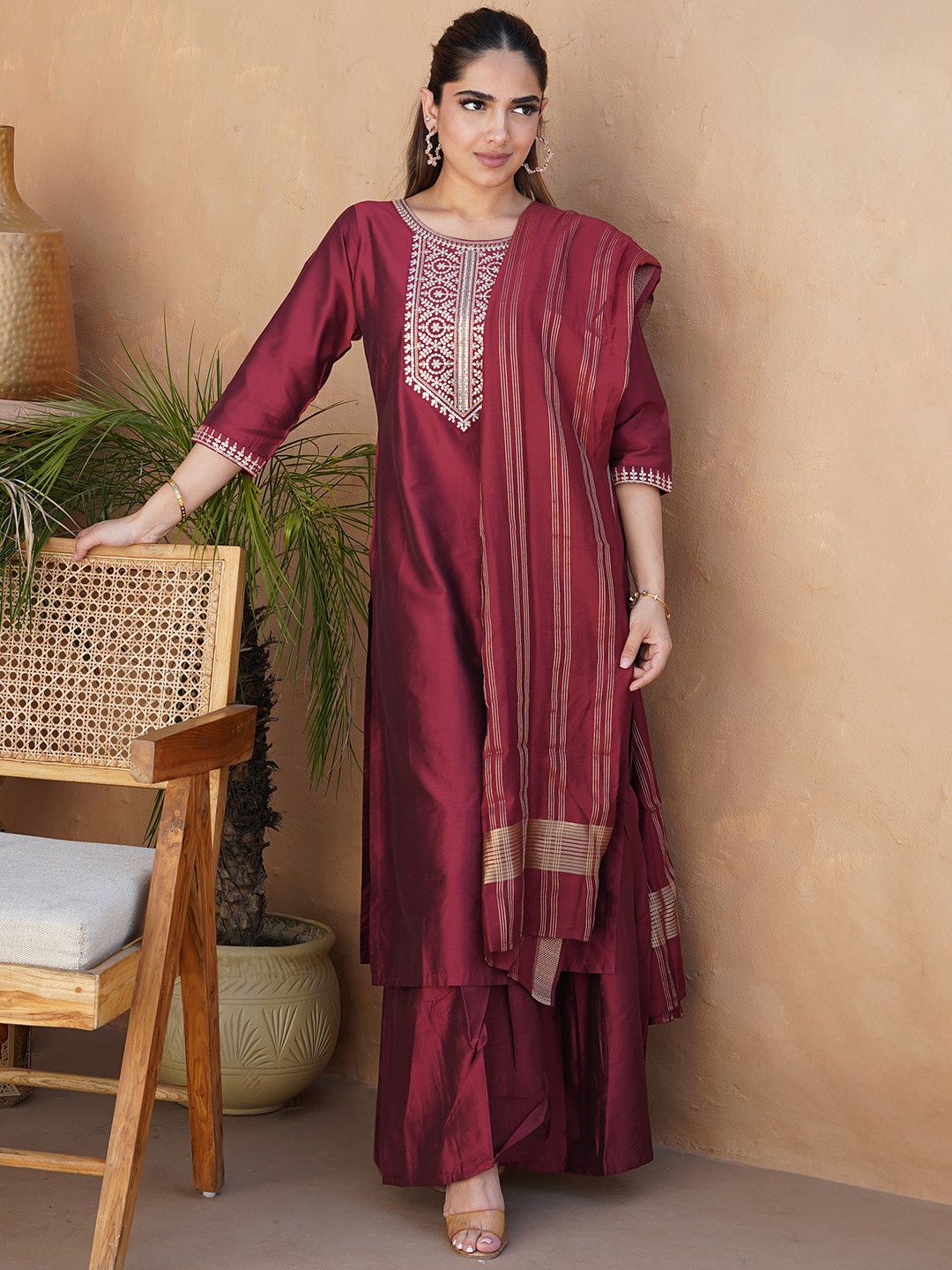 

Libas Women Ethnic Motifs Yoke Design Sequinned Kurta With Sharara & Dupatta, Rust