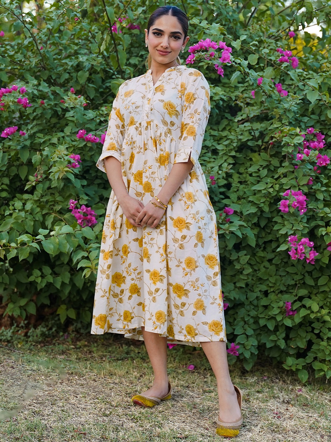 

Libas Floral Print A-Line Cotton Midi Dress, Off white