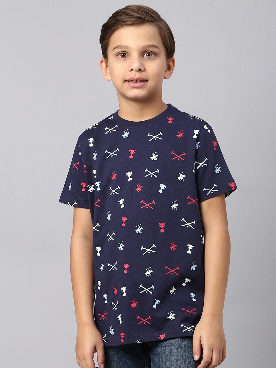 

Beverly Hills Polo Club Boys Conversational Printed Pure Cotton Casual T-shirt, Blue