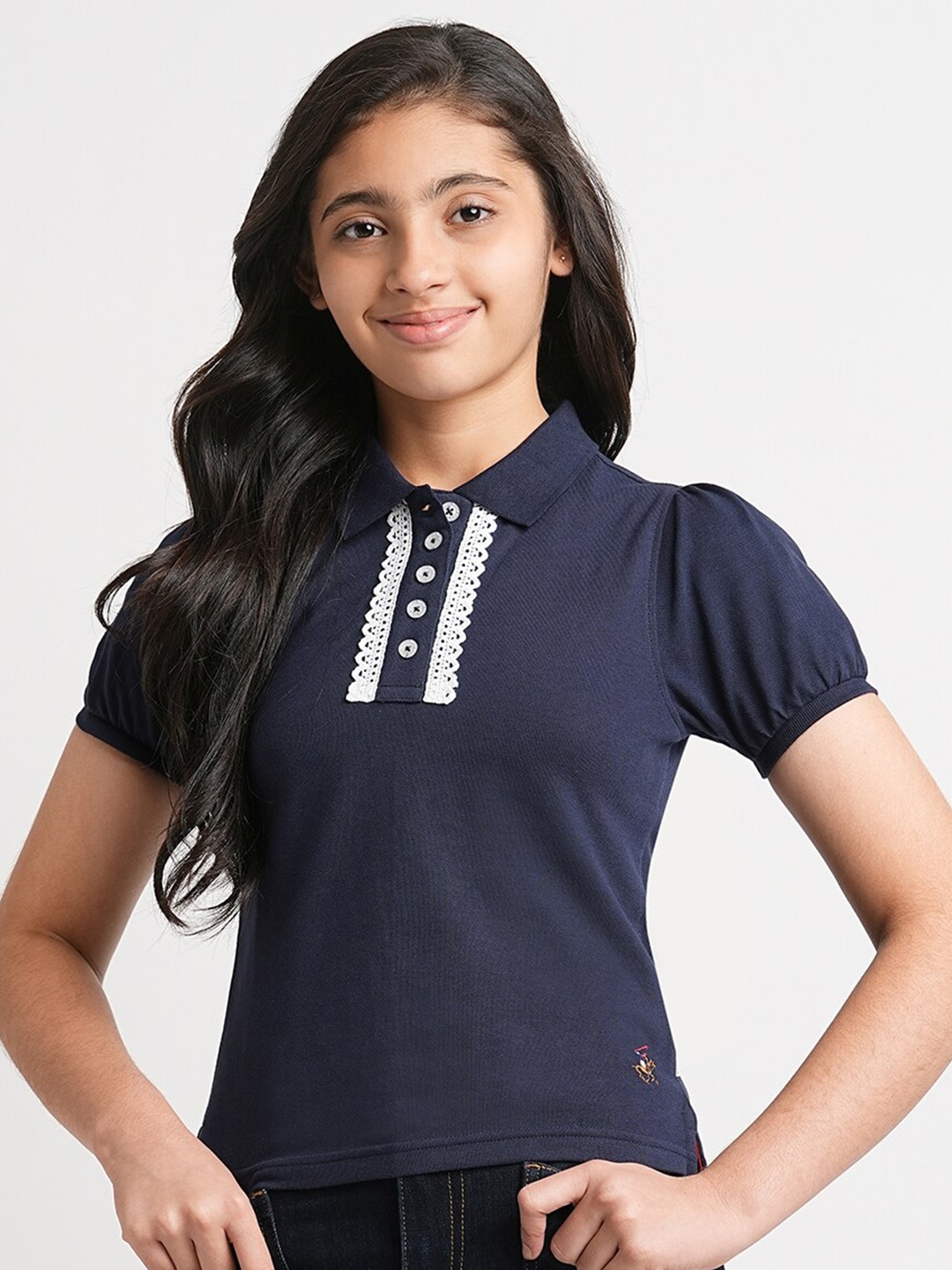 

Beverly Hills Polo Club Girls Shirt Collar Puff Sleeves Casual Top, Blue