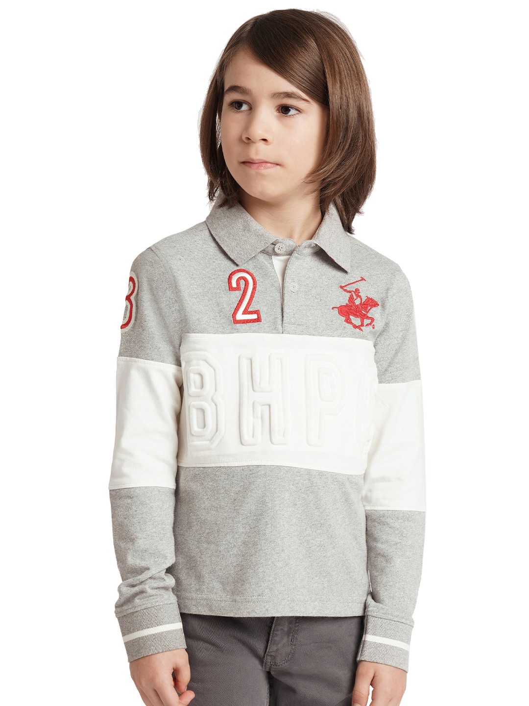 

Beverly Hills Polo Club Boys Typography Printed Polo Collar Cotton Applique Casual T-shirt, Grey