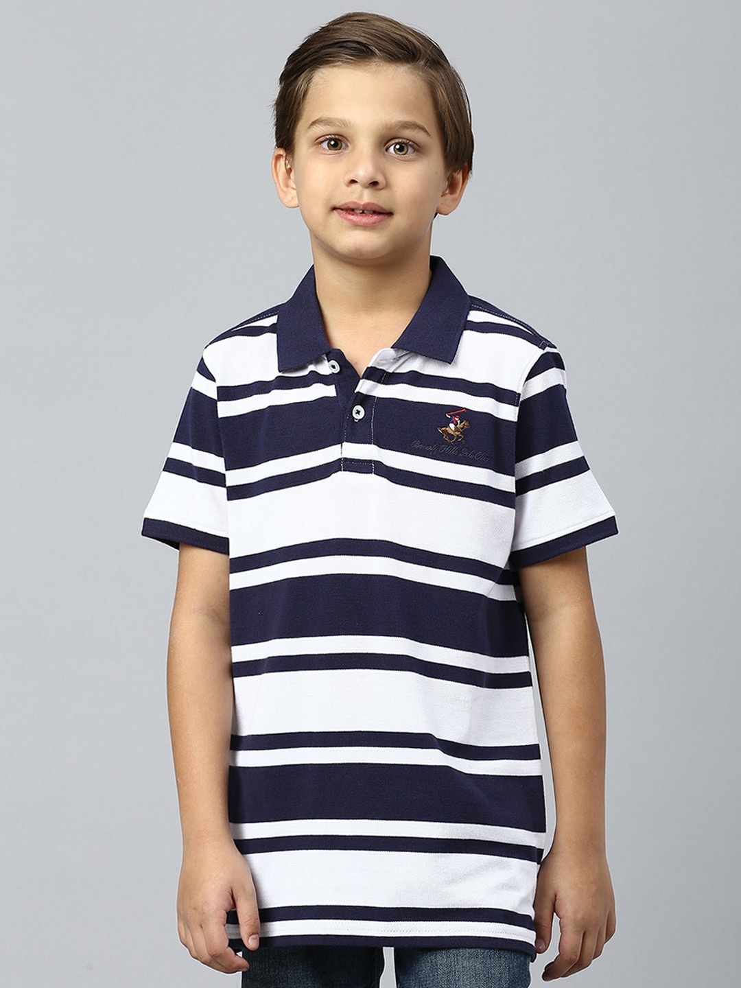 

Beverly Hills Polo Club Boys Striped Polo Collar Pure Cotton Casual T-shirt, Blue