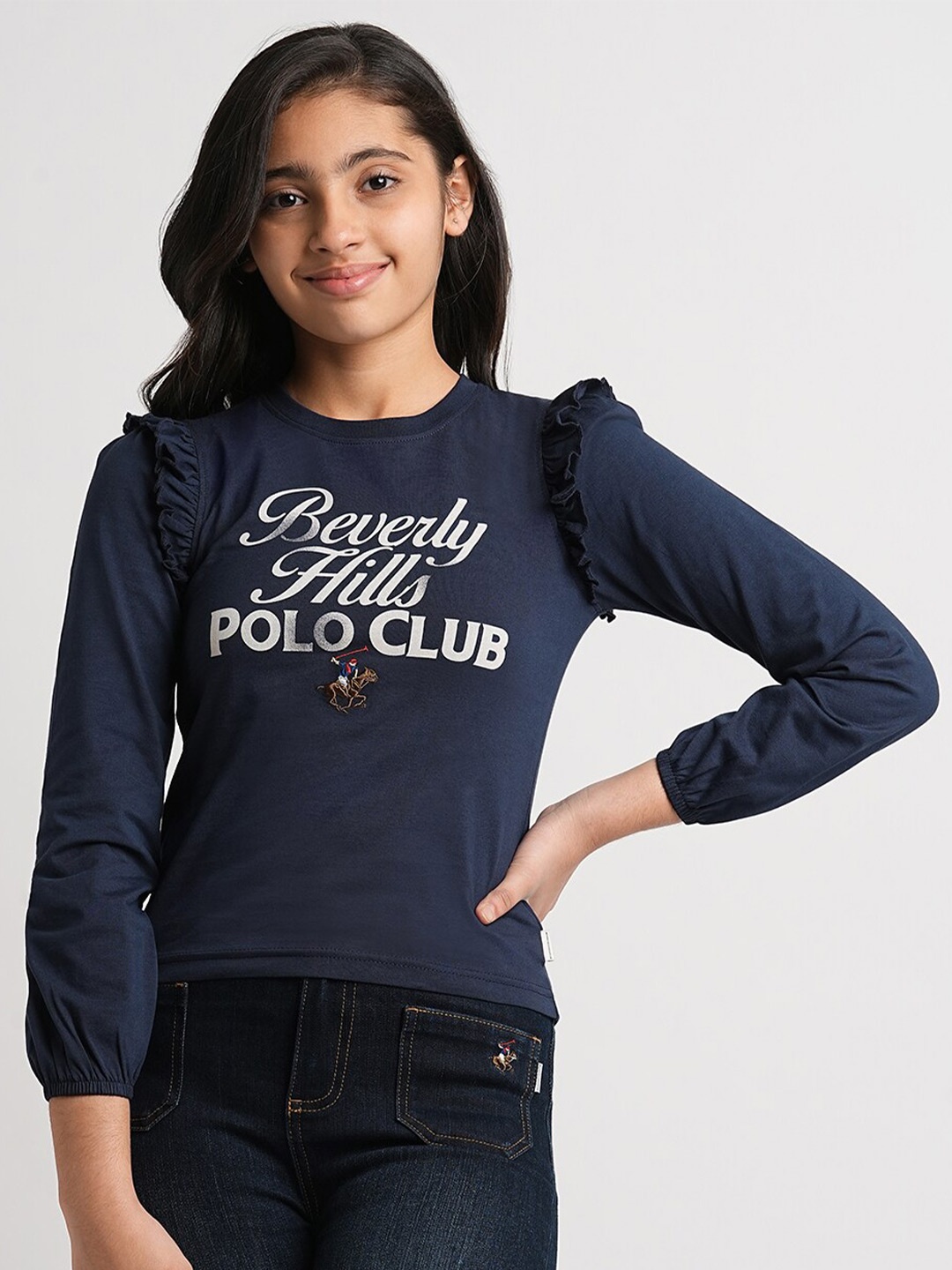 

Beverly Hills Polo Club Girls Typography Printed Pure Cotton Casual Top, Blue