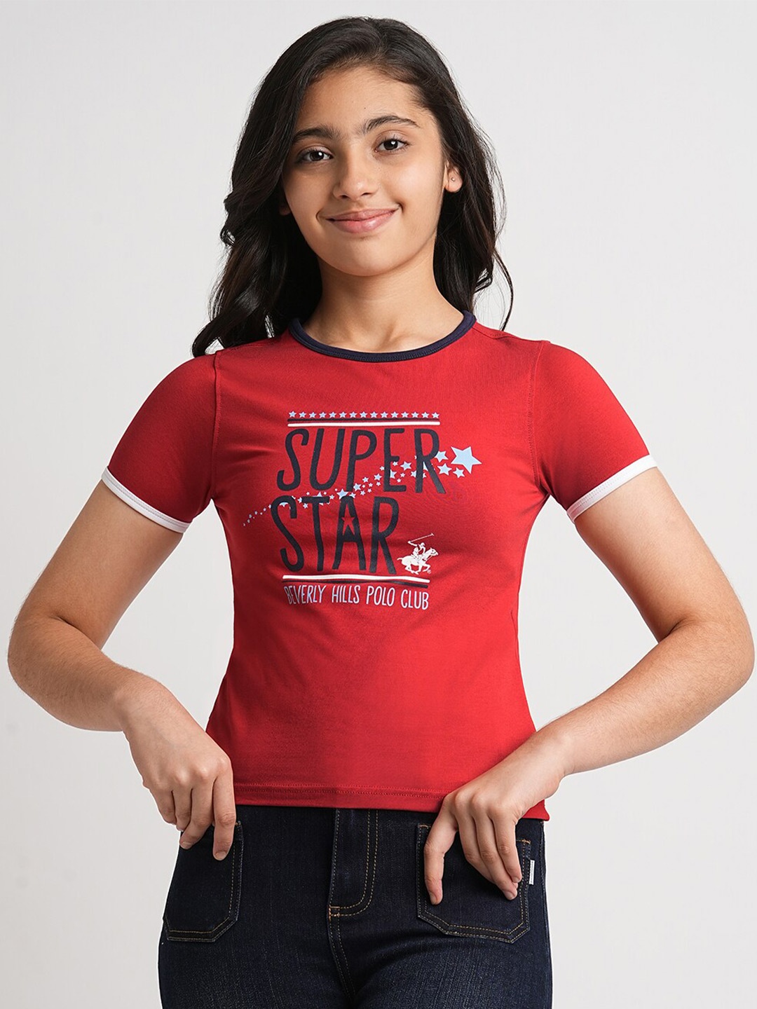 

Beverly Hills Polo Club Girls Typography Printed Round Neck Casual T-shirt, Red