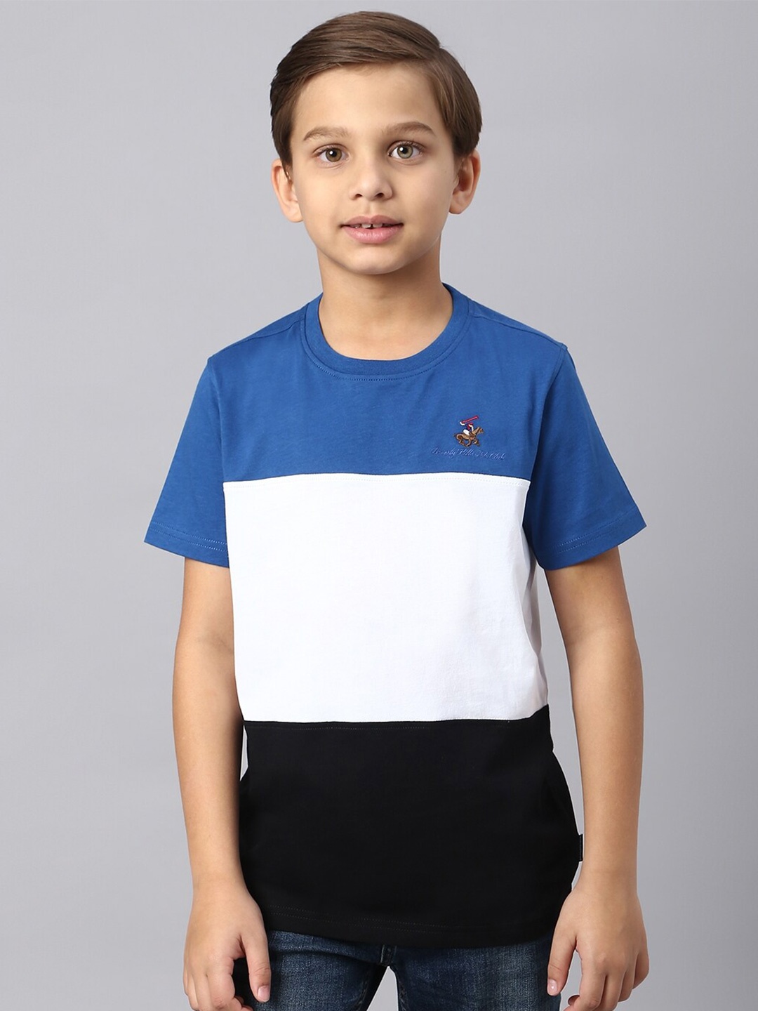 

Beverly Hills Polo Club Boys Colourblocked Round Neck Pure Cotton T-shirt, Blue