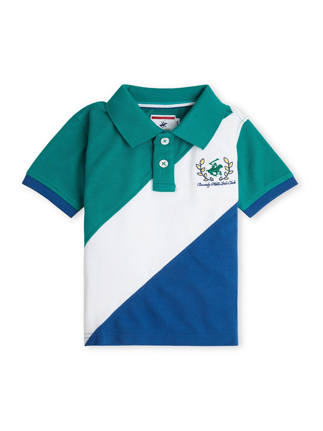 

Beverly Hills Polo Club Boys Polo Collar Colourblocked Pure Cotton Applique Casual T-shirt, Green