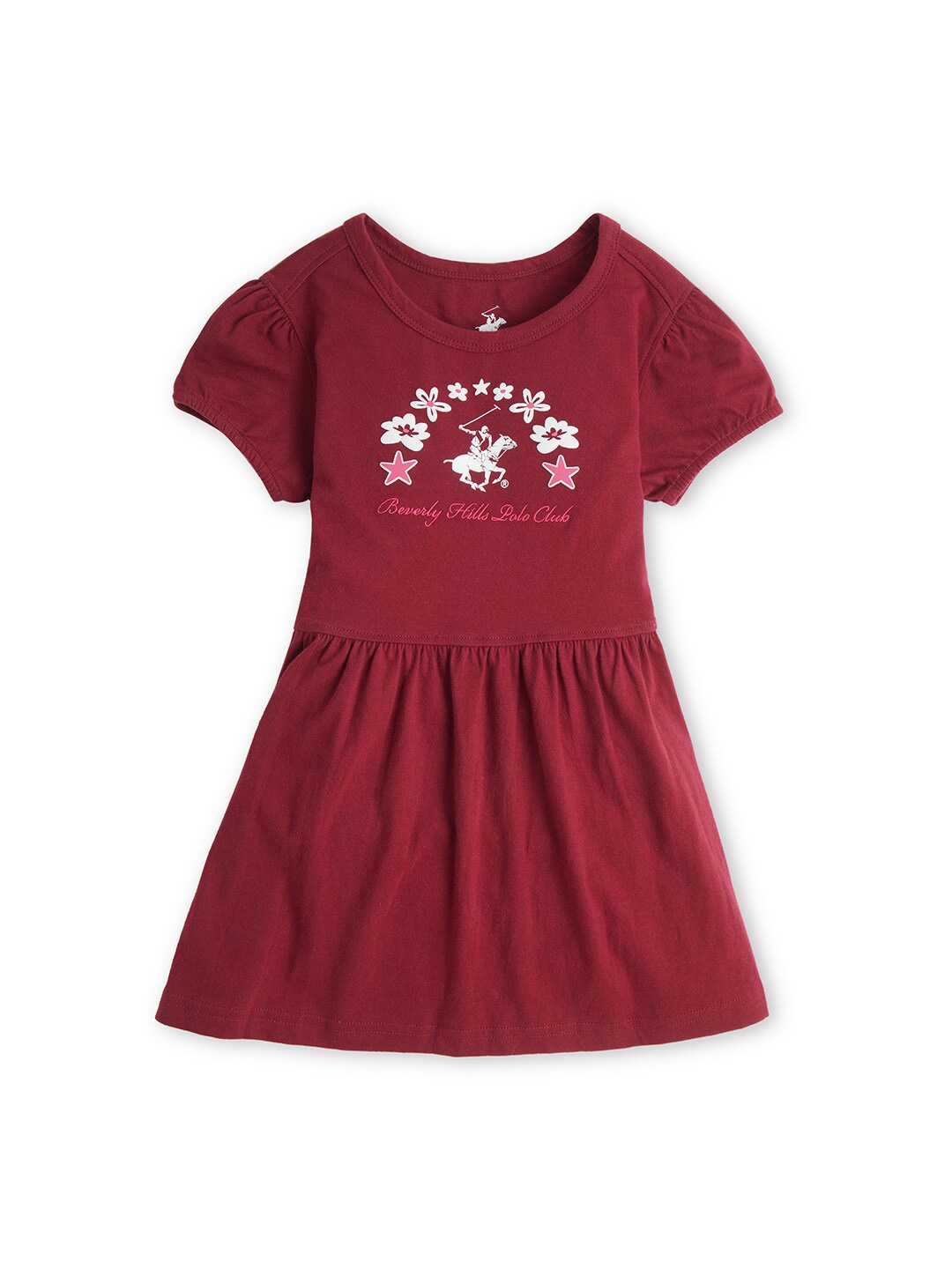 

Beverly Hills Polo Club Girls Round Neck Printed Fit & Flare TShirt Cotton Dress, Maroon