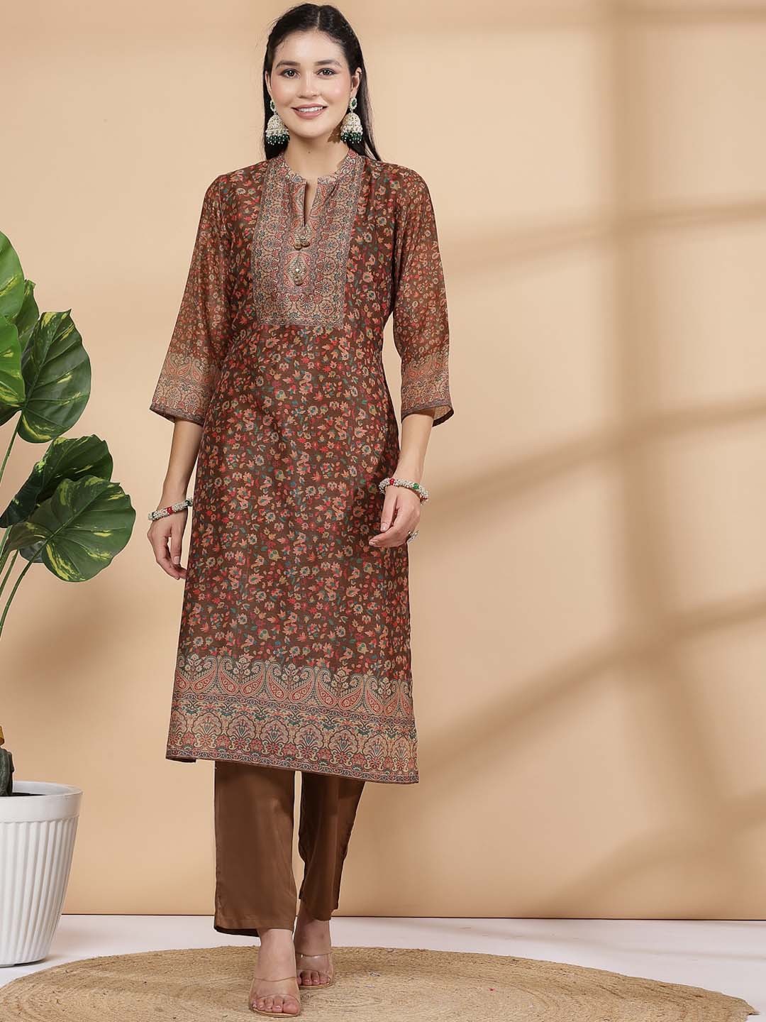

Nayam By Lakshita Floral Printed Regular Kurta With Palazzo & Dupatta, Brown