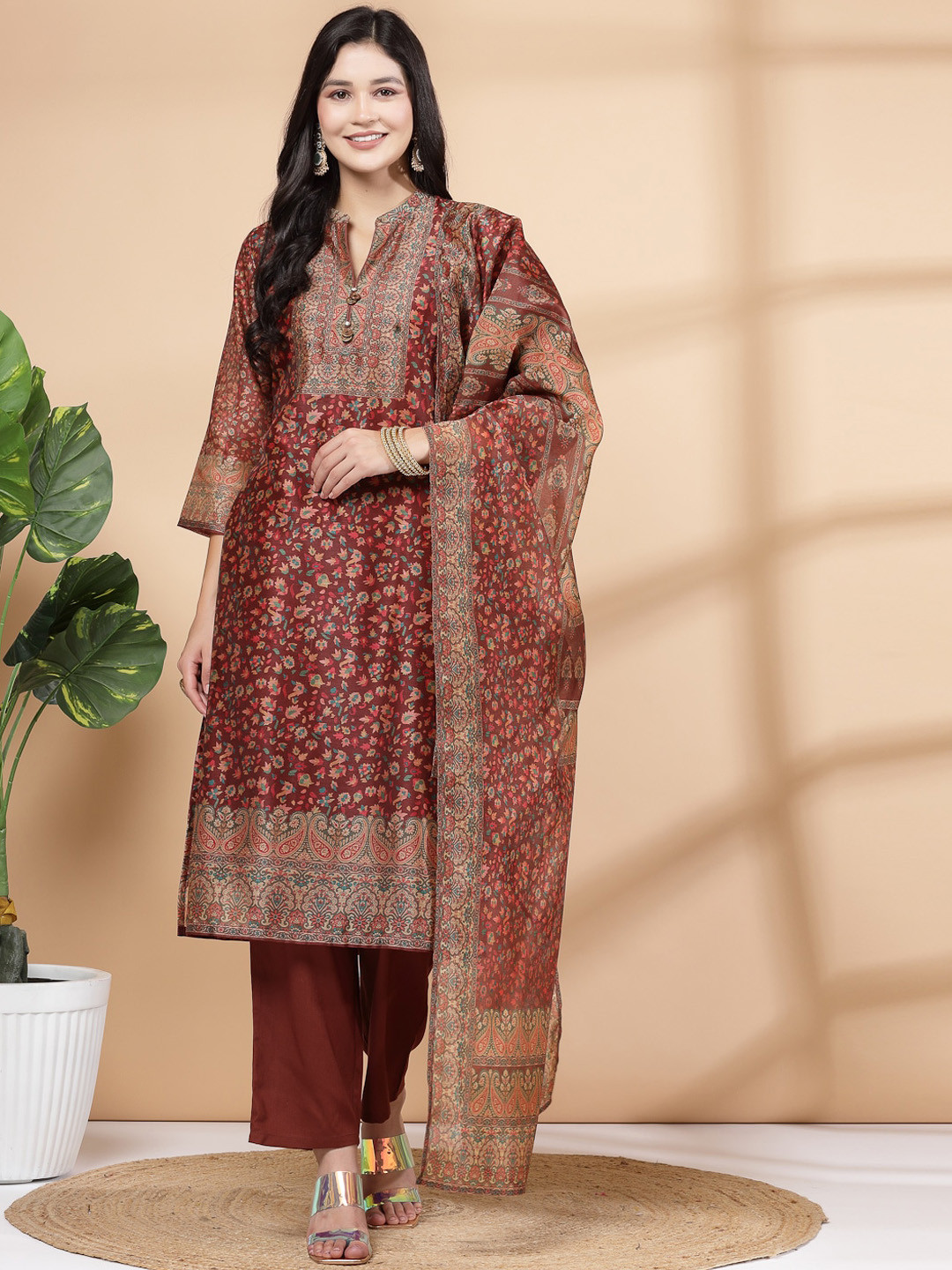 

Nayam By Lakshita Floral Printed Regular Kurta With Palazzo & Dupatta, Maroon