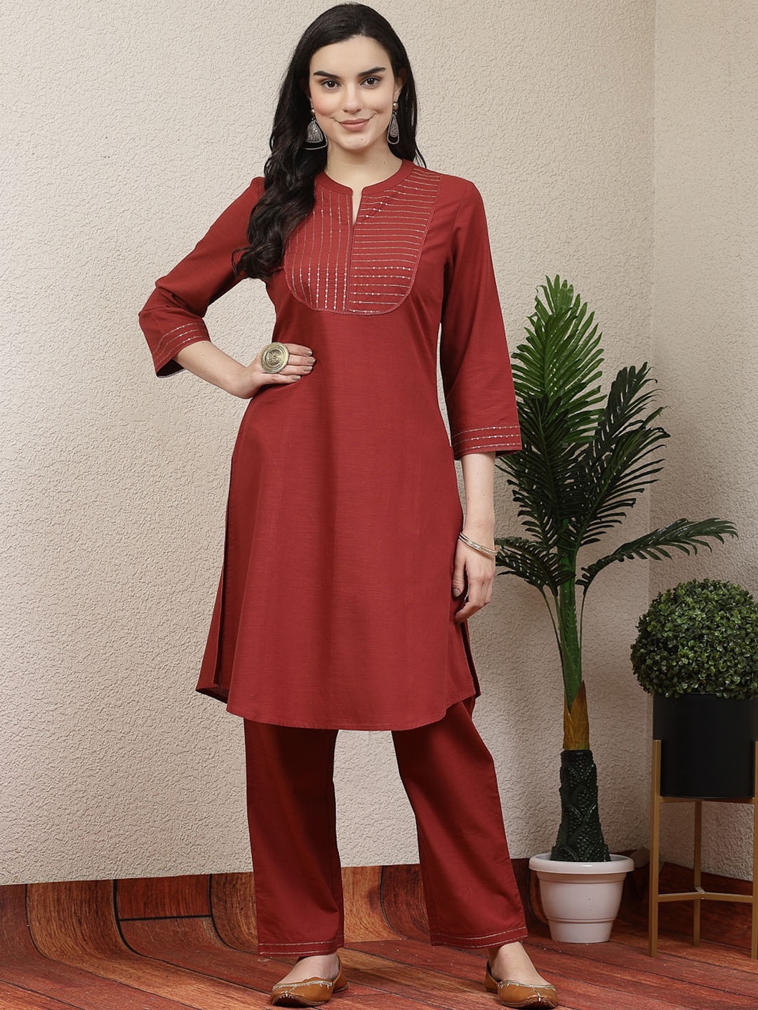 

Nayam By Lakshita Abstract Yoke Design Sequinned Linen Kurta With Palazzos, Rust