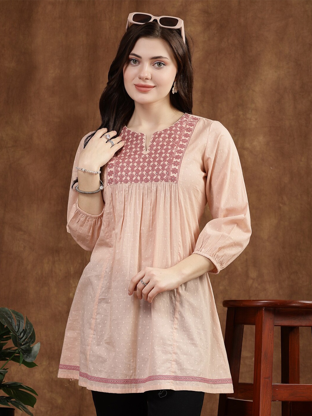 

Nayam By Lakshita Ethnic Motifs Yoke Design Thread Work Kurti, Peach