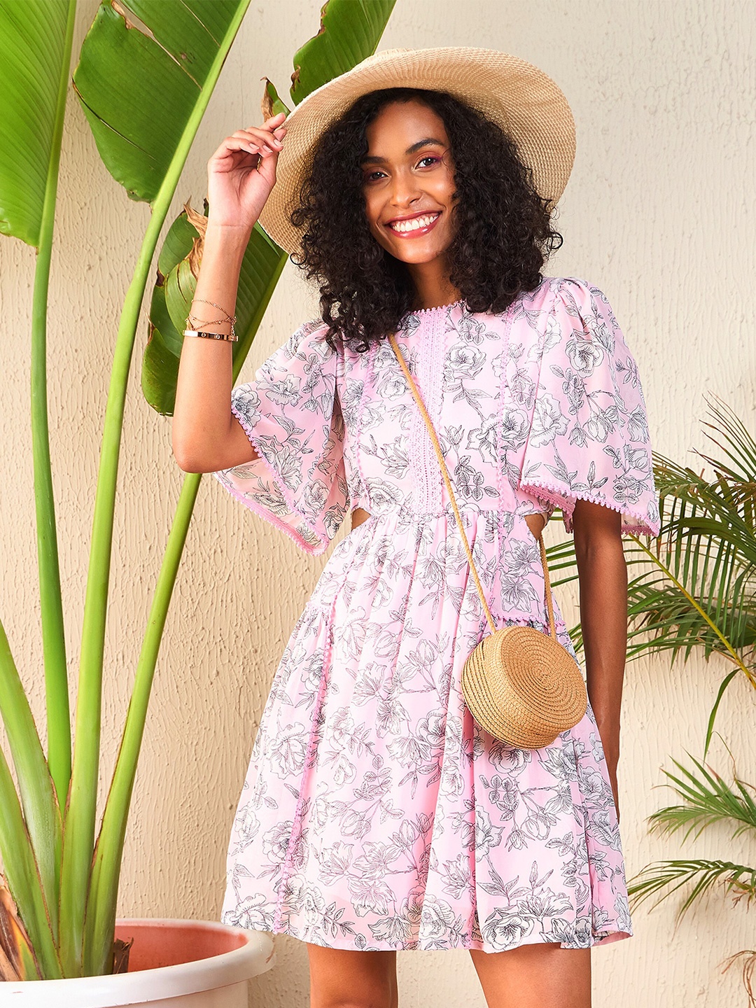 

SASSAFRAS Floral Print Flared Sleeve Cut Out Georgette Fit & Flare Dress, Pink