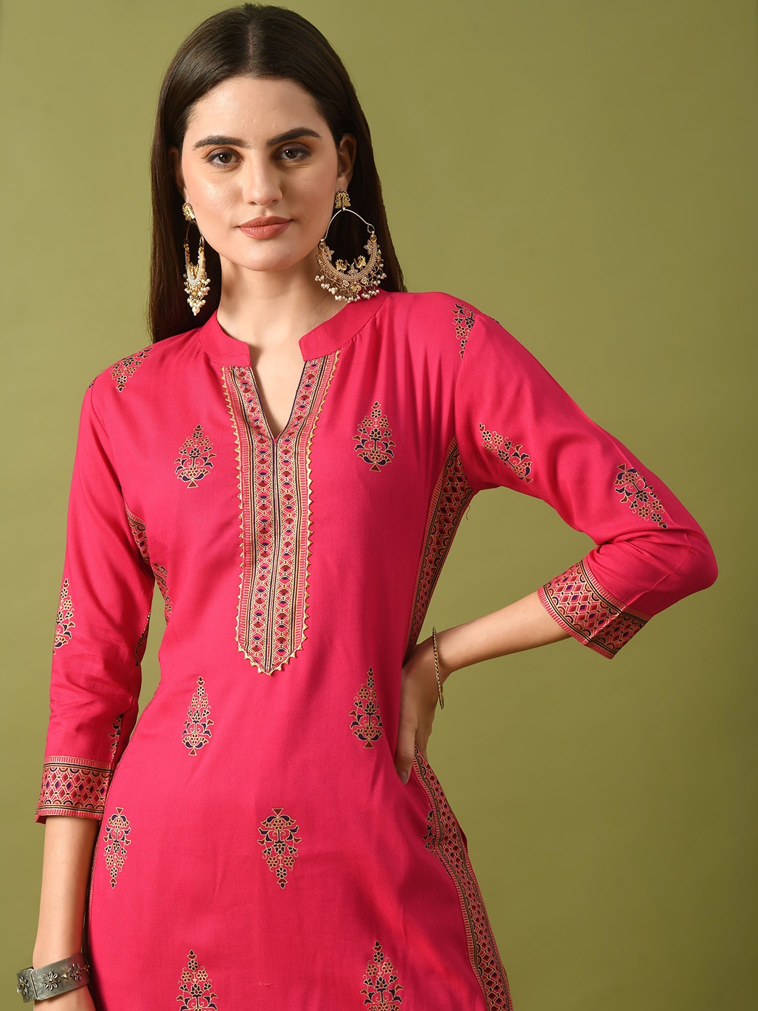 

ANNSH APPAREL Ethnic Motifs Printed Mandarin Collar Straight Kurta, Pink