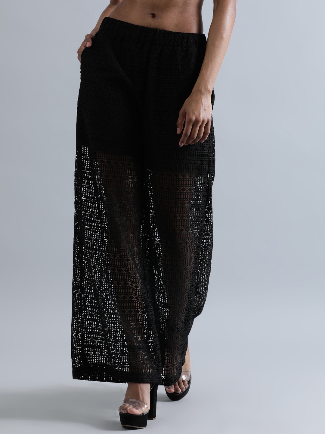 

Bene Kleed Women Lace Wide Leg Semi-Sheer Parallel Trousers, Black