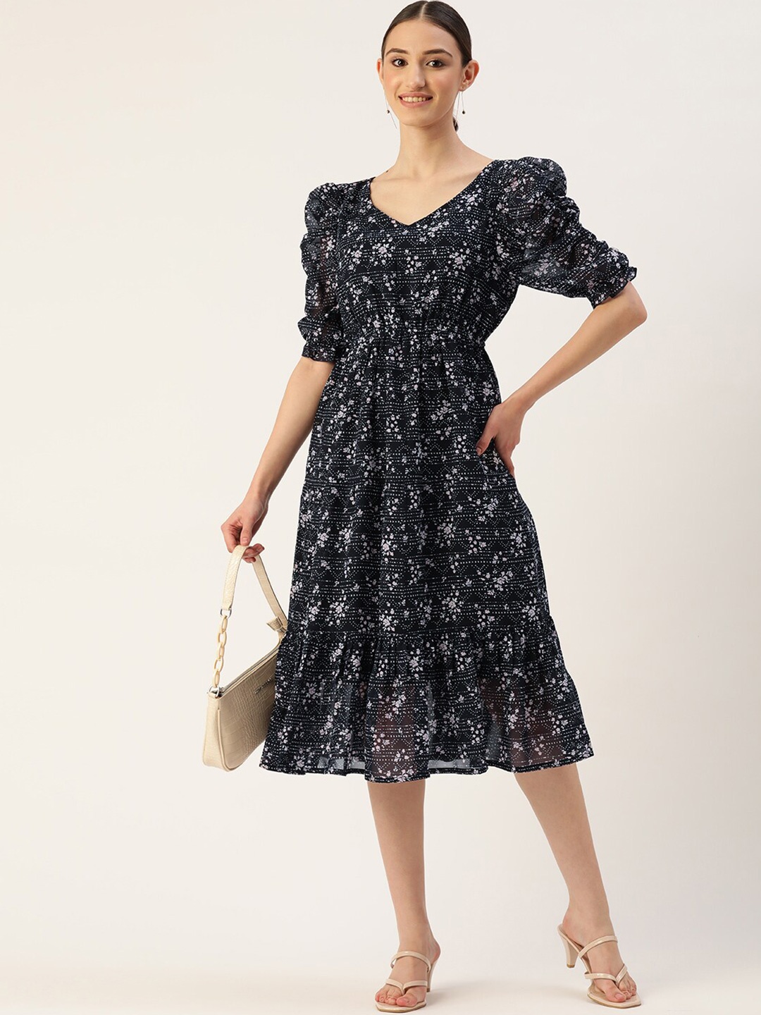 

WISSTLER Floral Printed Puffed Sleeves Georgette Fit & Flare Midi Dress, Navy blue