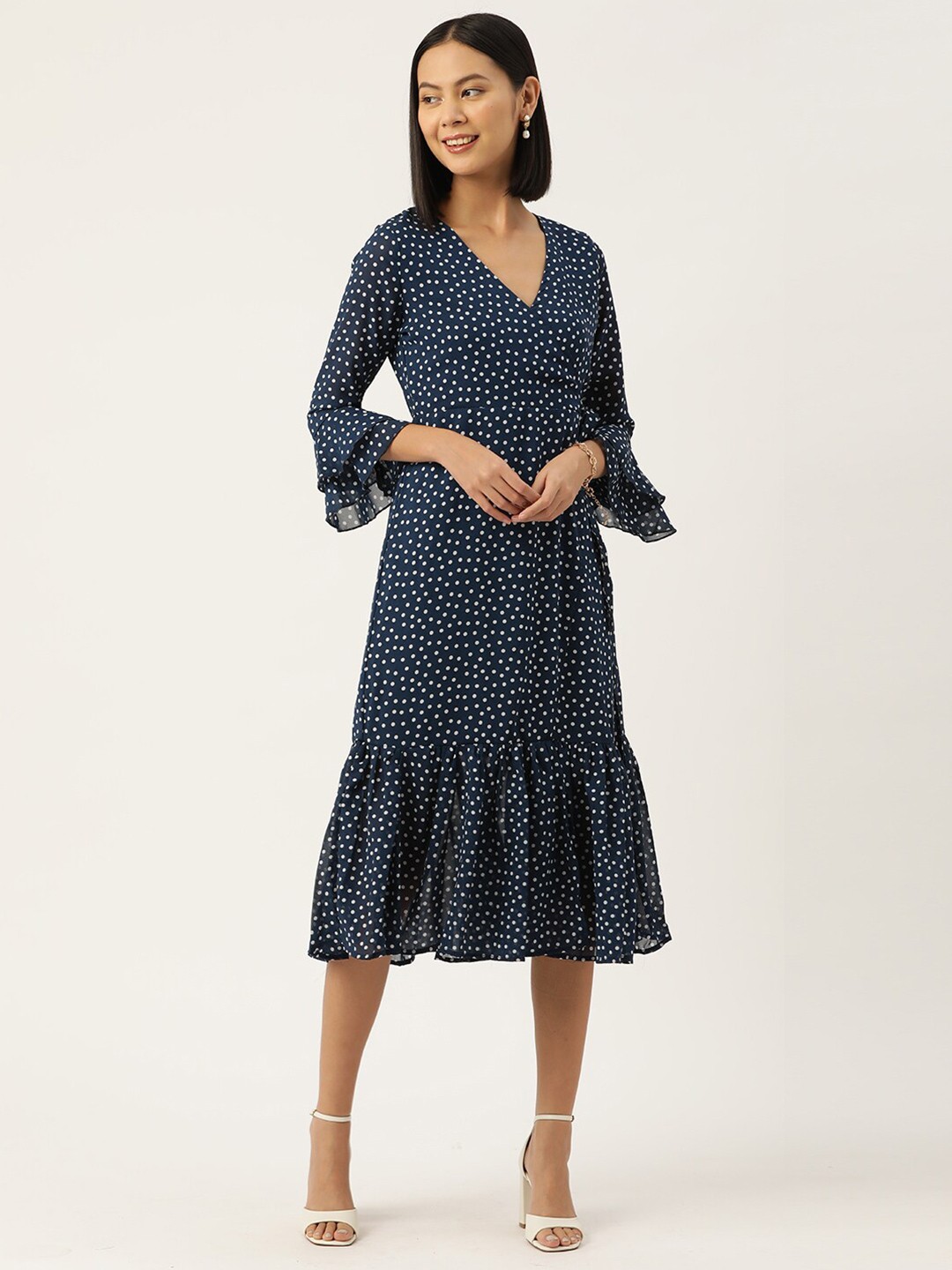 

WISSTLER Polka Dots Printed Bell Sleeves Georgette Tiered Wrap Midi Dress, Navy blue