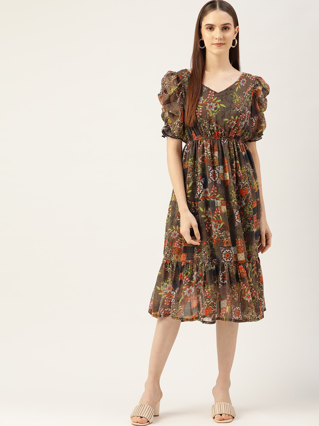 

WISSTLER Floral Printed Puffed Sleeves Georgette Fit & Flare Midi Dress, Brown