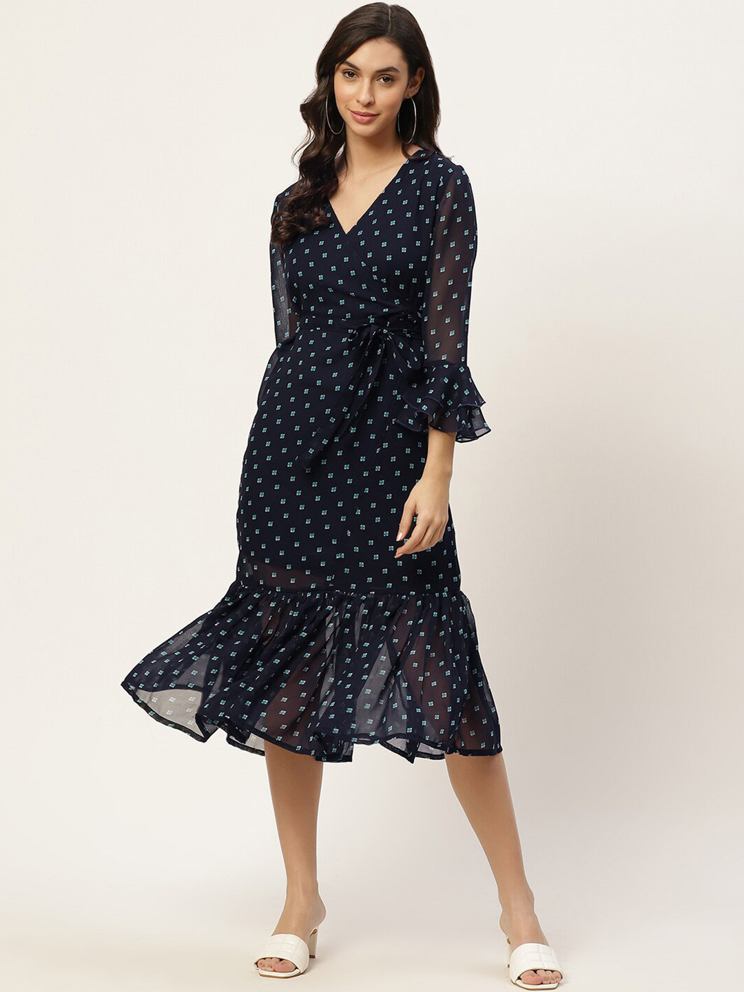 

WISSTLER Geometric Printed Bell Sleeves Georgette Tiered Wrap Midi Dress, Navy blue