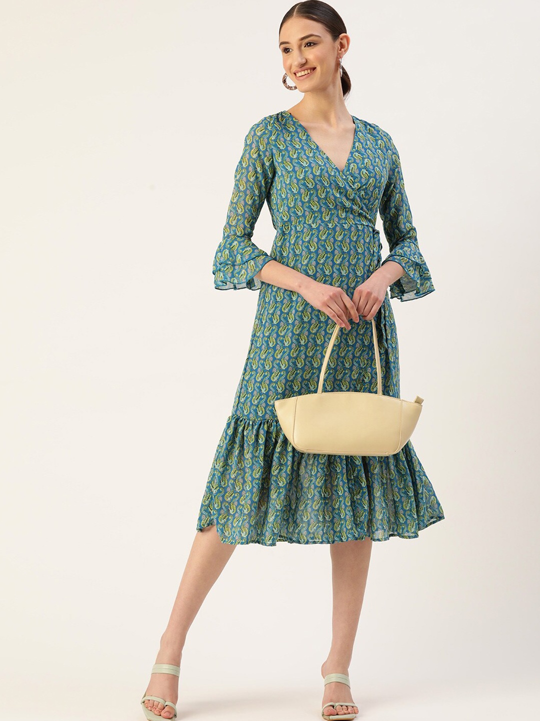 

WISSTLER Conversational Printed Bell Sleeves Georgette Tiered Wrap Midi Dress, Turquoise blue