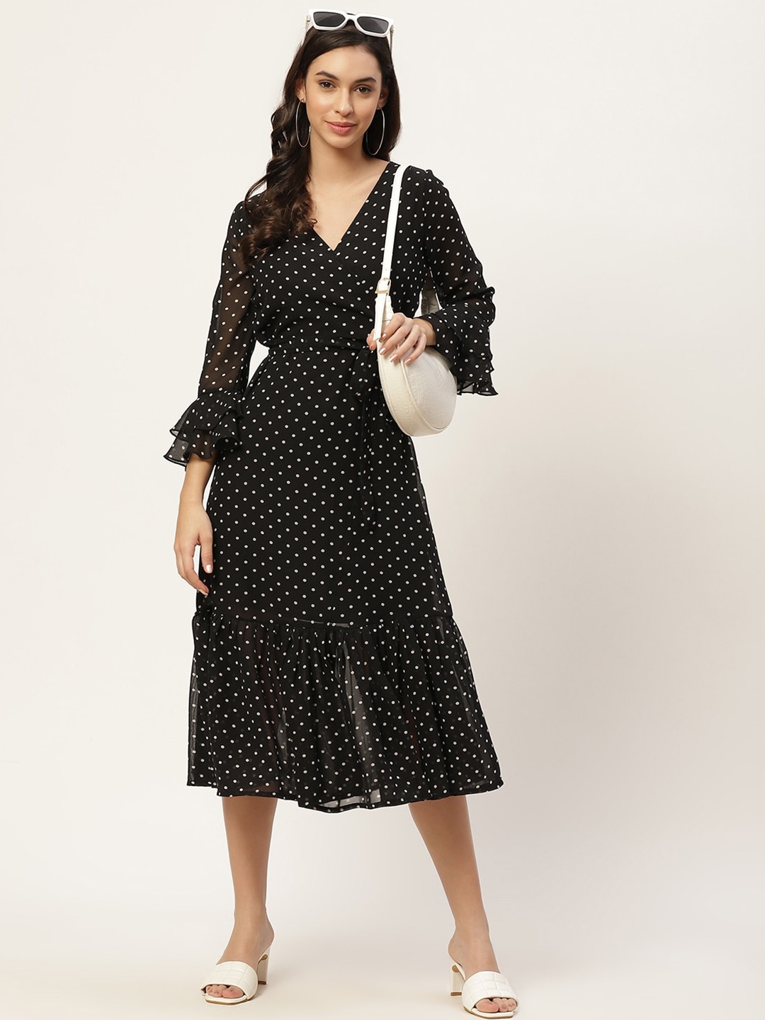 

WISSTLER Polka Dots Printed Bell Sleeves Tiered Georgette Wrap Midi Dress, Black