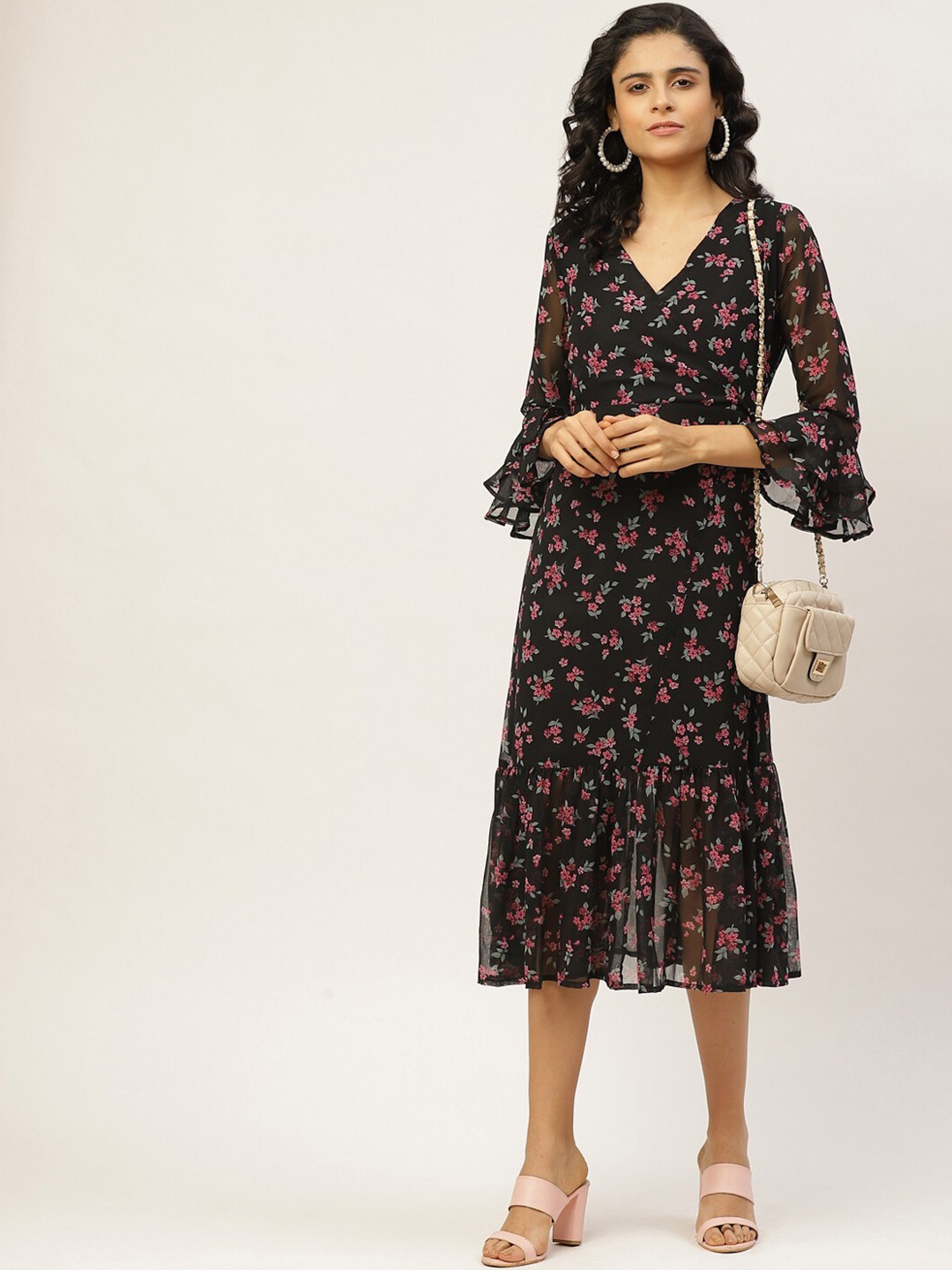 

WISSTLER Floral Printed Bell Sleeves Tiered Georgette Wrap Midi Dress, Black