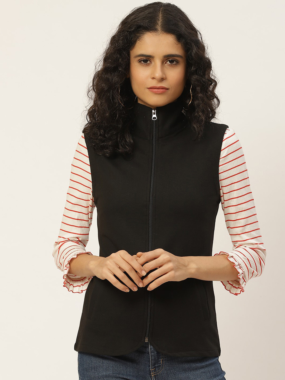

WISSTLER Mock Collar Cotton Open Front Jacket, Black