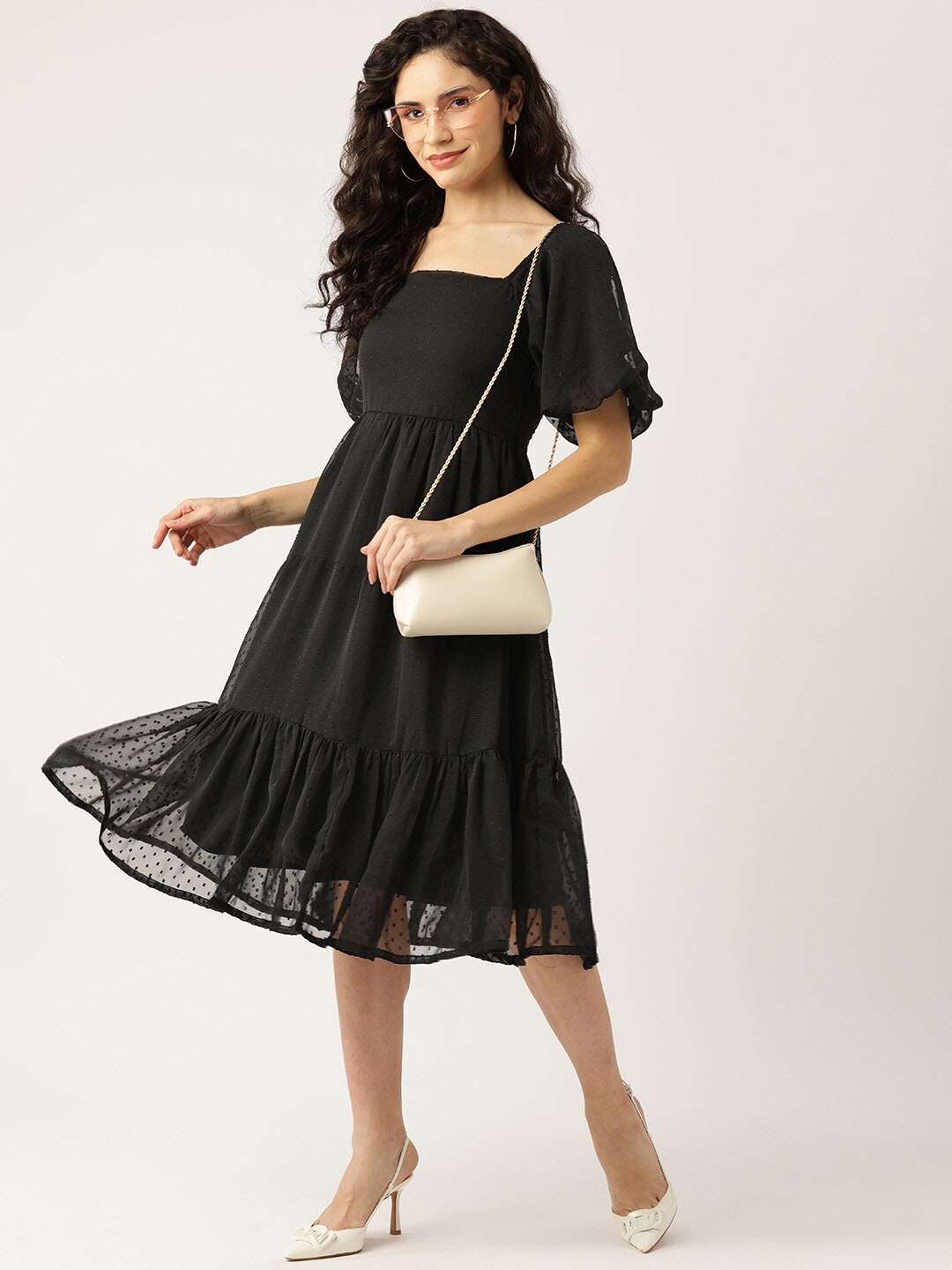 

WISSTLER Self Design Square Puffed Sleeves Smocked Georgette Tiered Fit and Flare Dress, Black