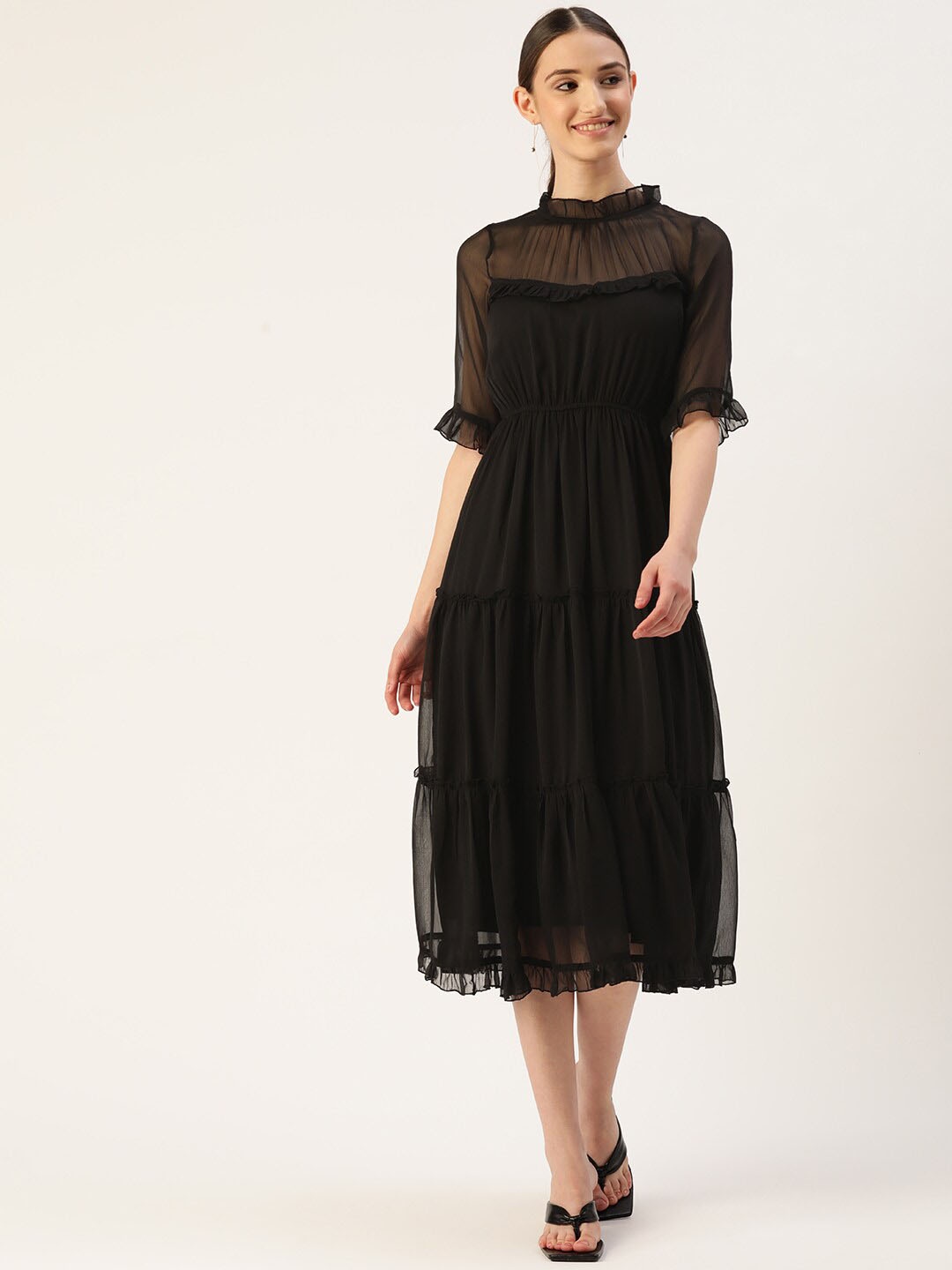 

WISSTLER High Neck Bell Sleeves Chiffon Tiered Fit & Flare Midi Dress, Black