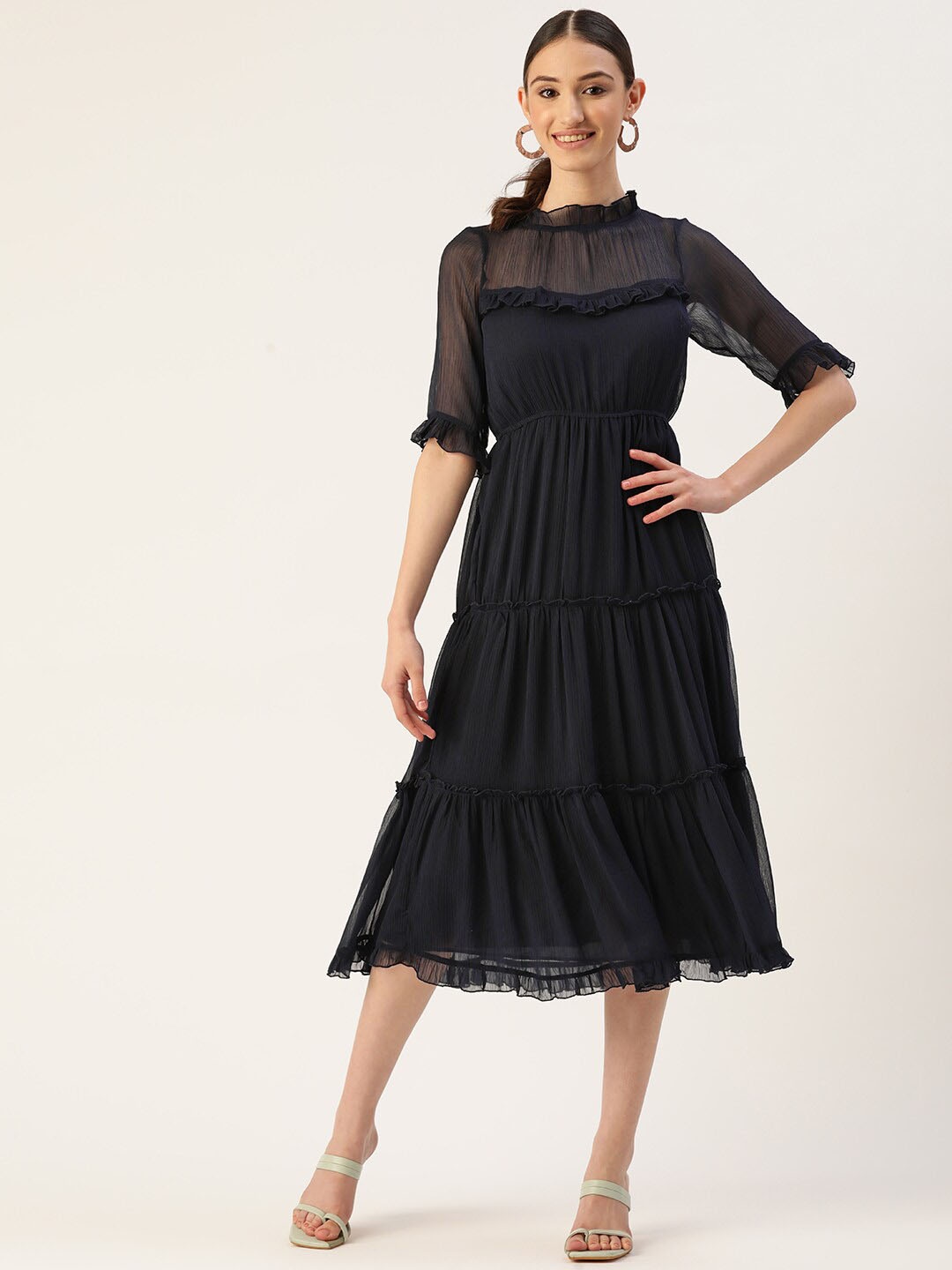 

WISSTLER High Neck Bell Sleeves Chiffon Tiered Fit & Flare Midi Dress, Navy blue