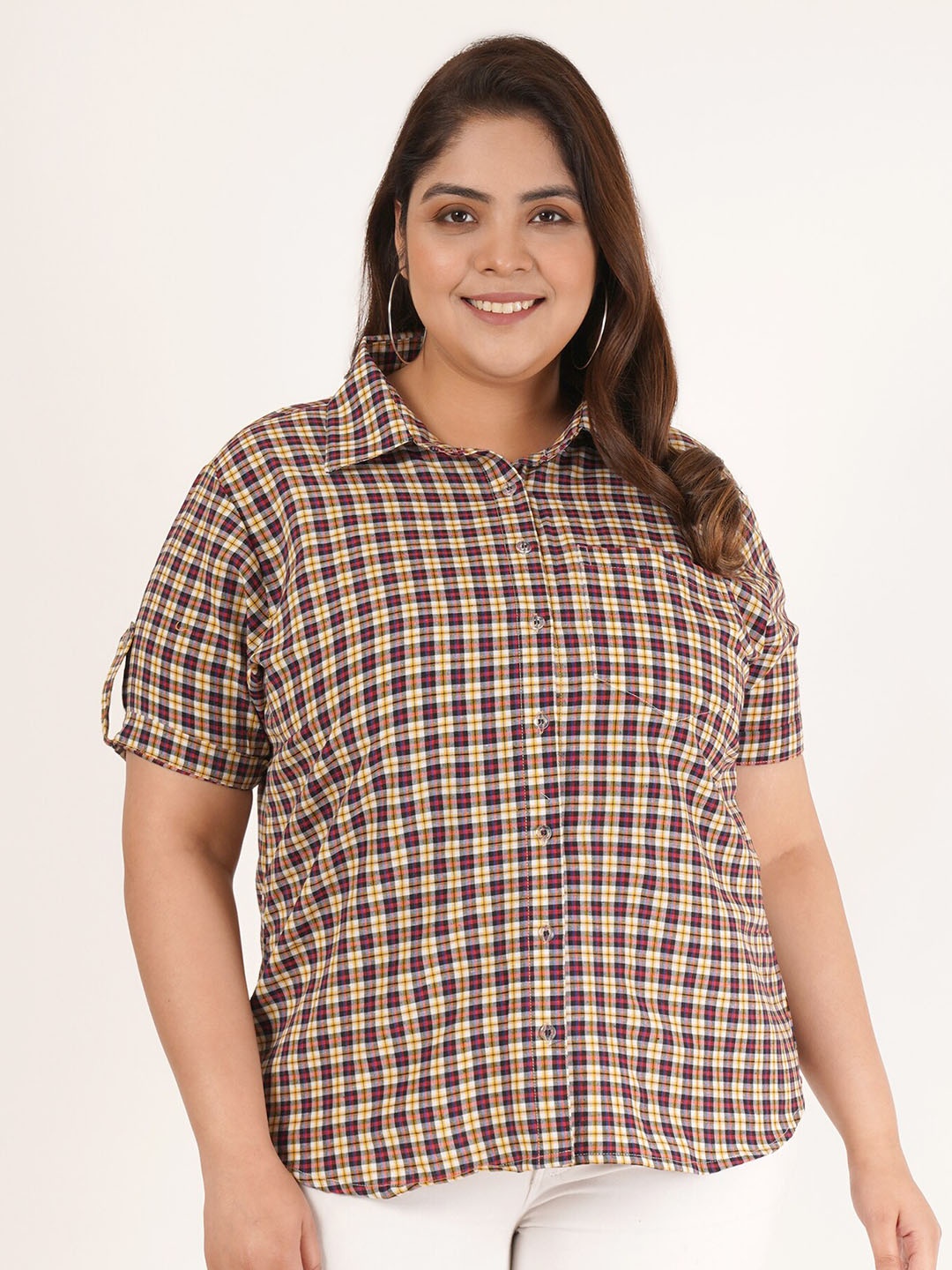 

Flambeur Plus Size Tartan Checked Roll-Up Sleeves Casual Shirt, Yellow