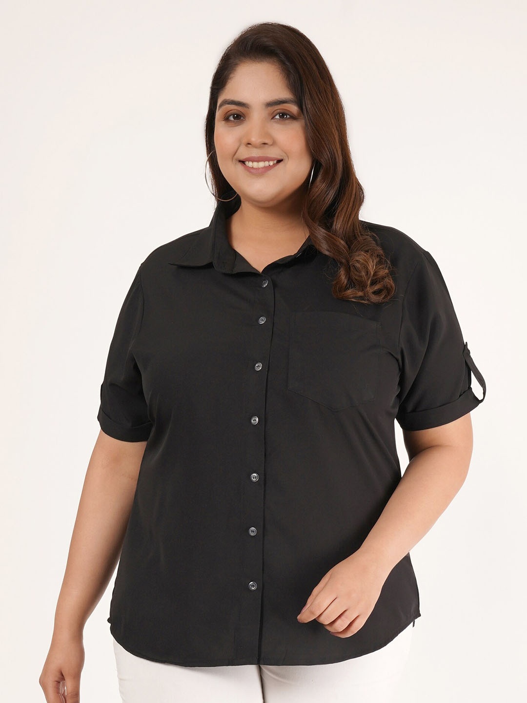 

Flambeur Plus Size Roll-Up Sleeves Crepe Casual Shirt, Black