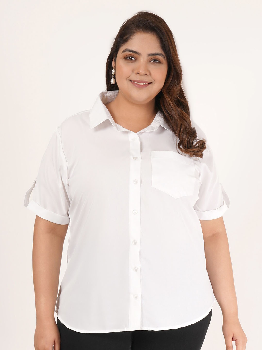 

Flambeur Plus Size Roll-Up Sleeves Crepe Casual Shirt, White