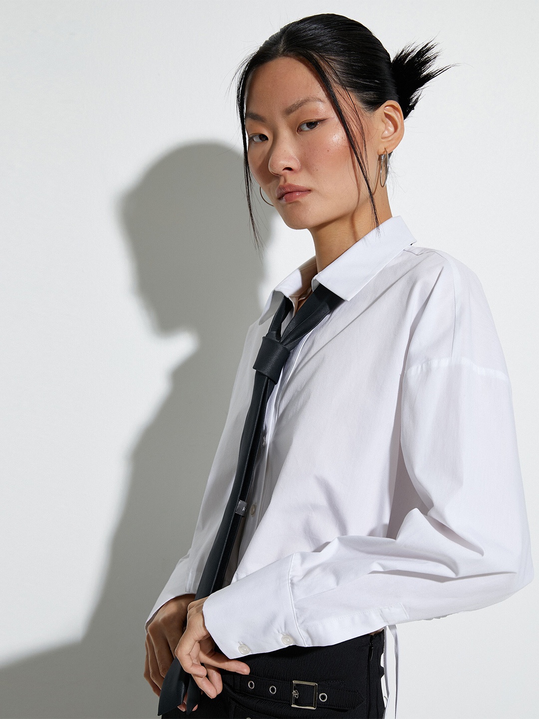 

Koton Spread Collar Elasticated Waist Pure Cotton Casual Crop Shirt, White