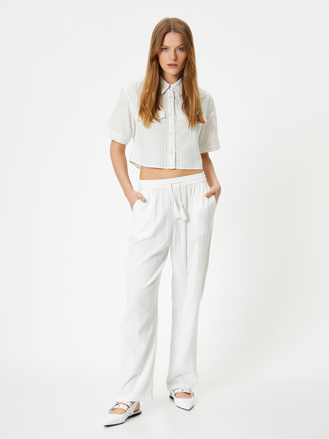 

Koton Striped Spread Collar Casual Linen Crop Shirt, White