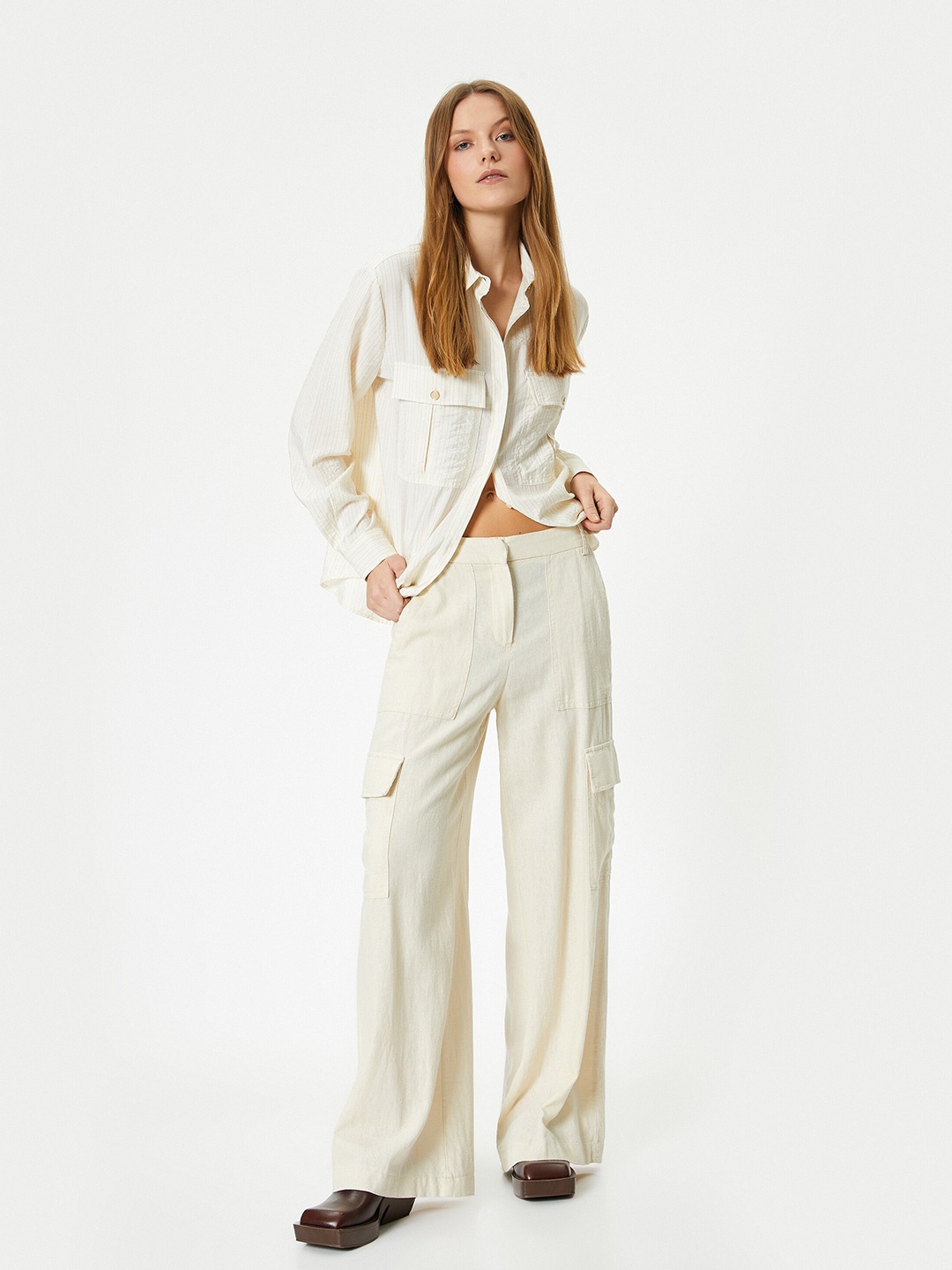 

Koton Striped Spread Collar Casual Shirt, Beige