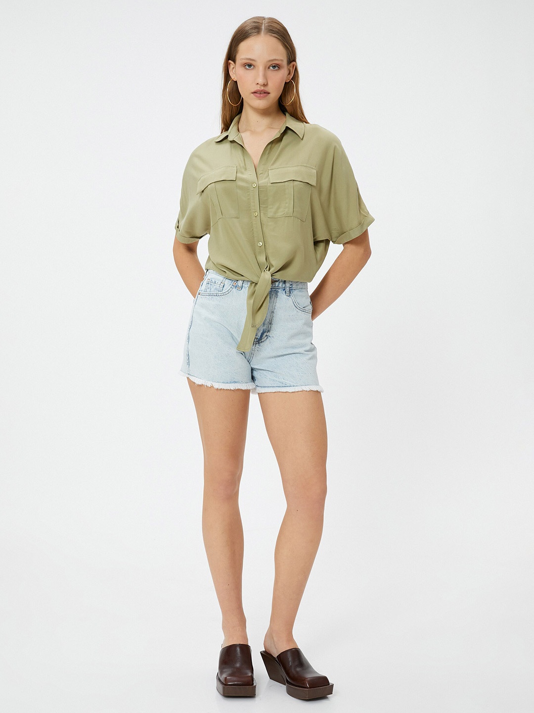 

Koton Spread Collar Casual Crop Shirt, Khaki