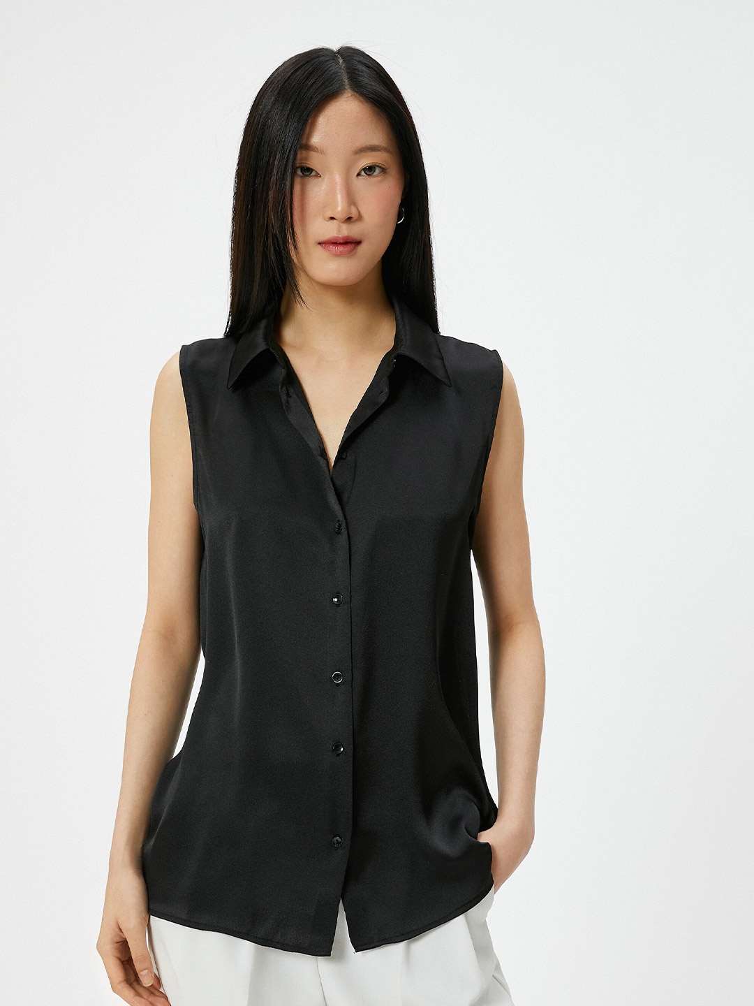 

Koton Spread Collar Sleeveless Casual Shirt, Black