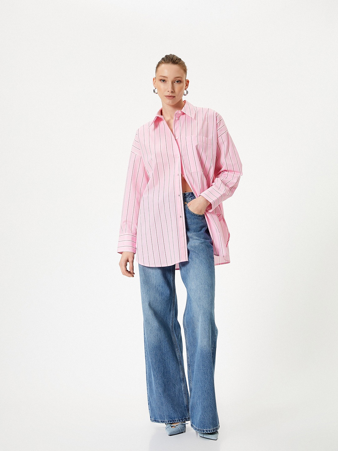 

Koton Vertical Striped Pure Cotton Oversized Casual Shirt, Pink